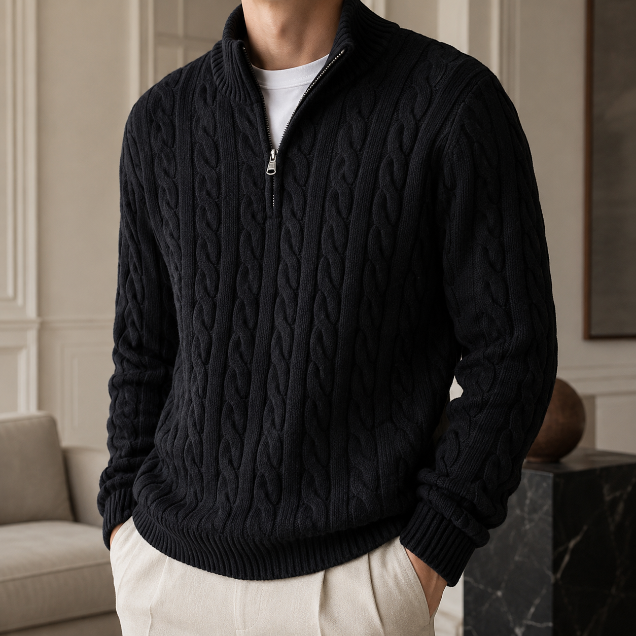 Herren Strickpullover mit Zopfmuster und Half-Zip