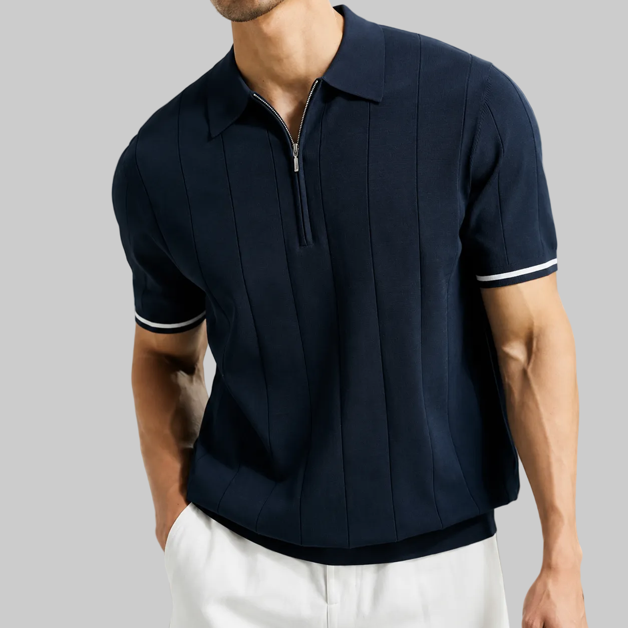 Herren Rippstrick Poloshirt mit Reißverschluss