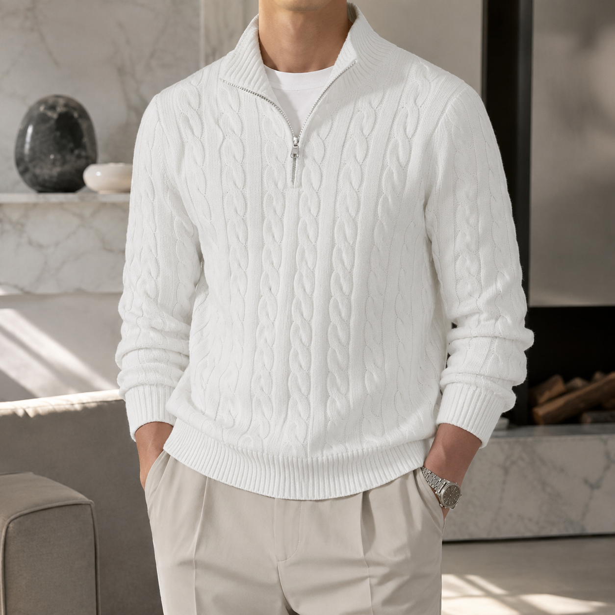 Herren Strickpullover mit Zopfmuster und Half-Zip