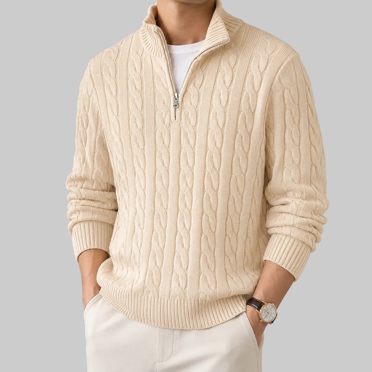 Herren Strickpullover mit Zopfmuster und Half-Zip