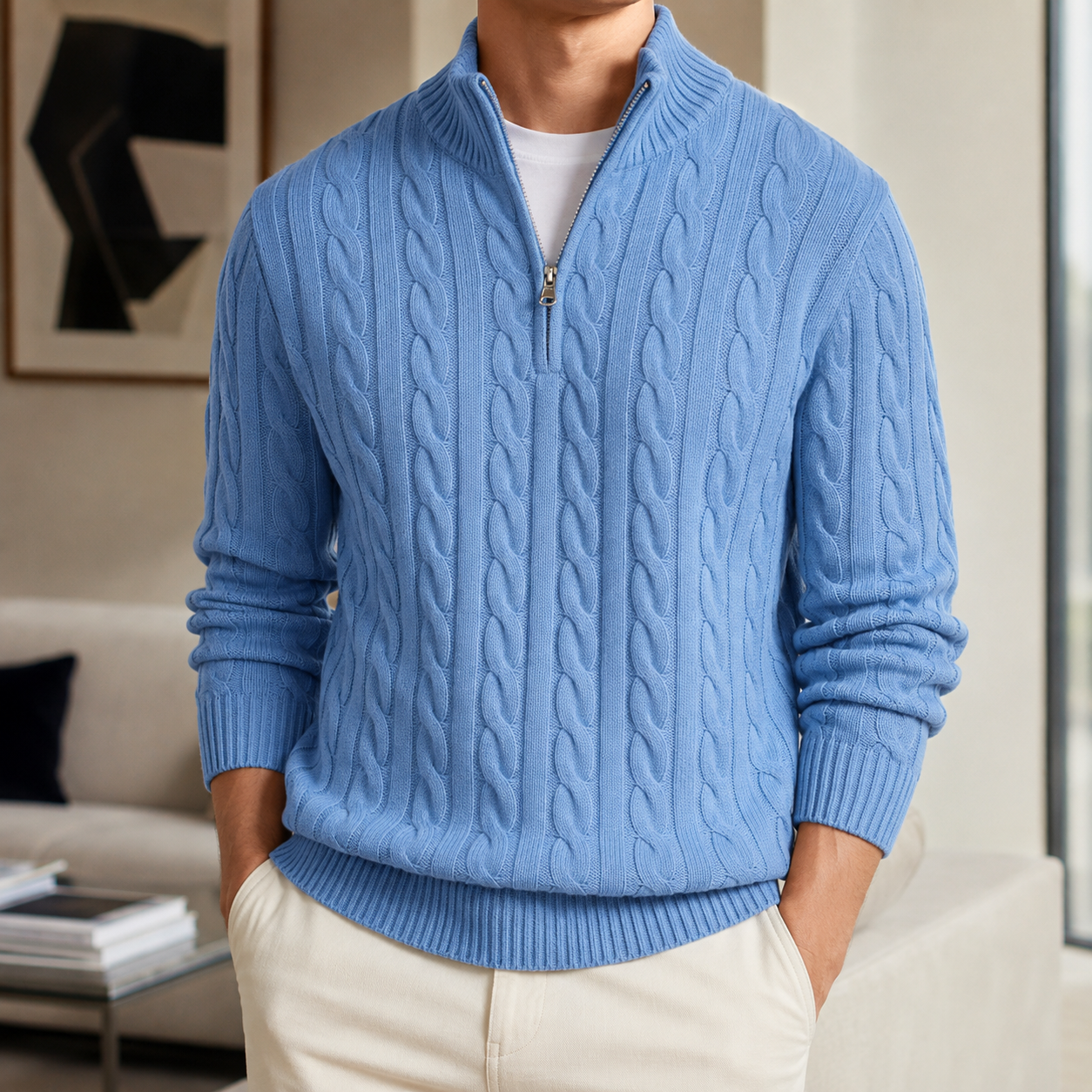Herren Strickpullover mit Zopfmuster und Half-Zip
