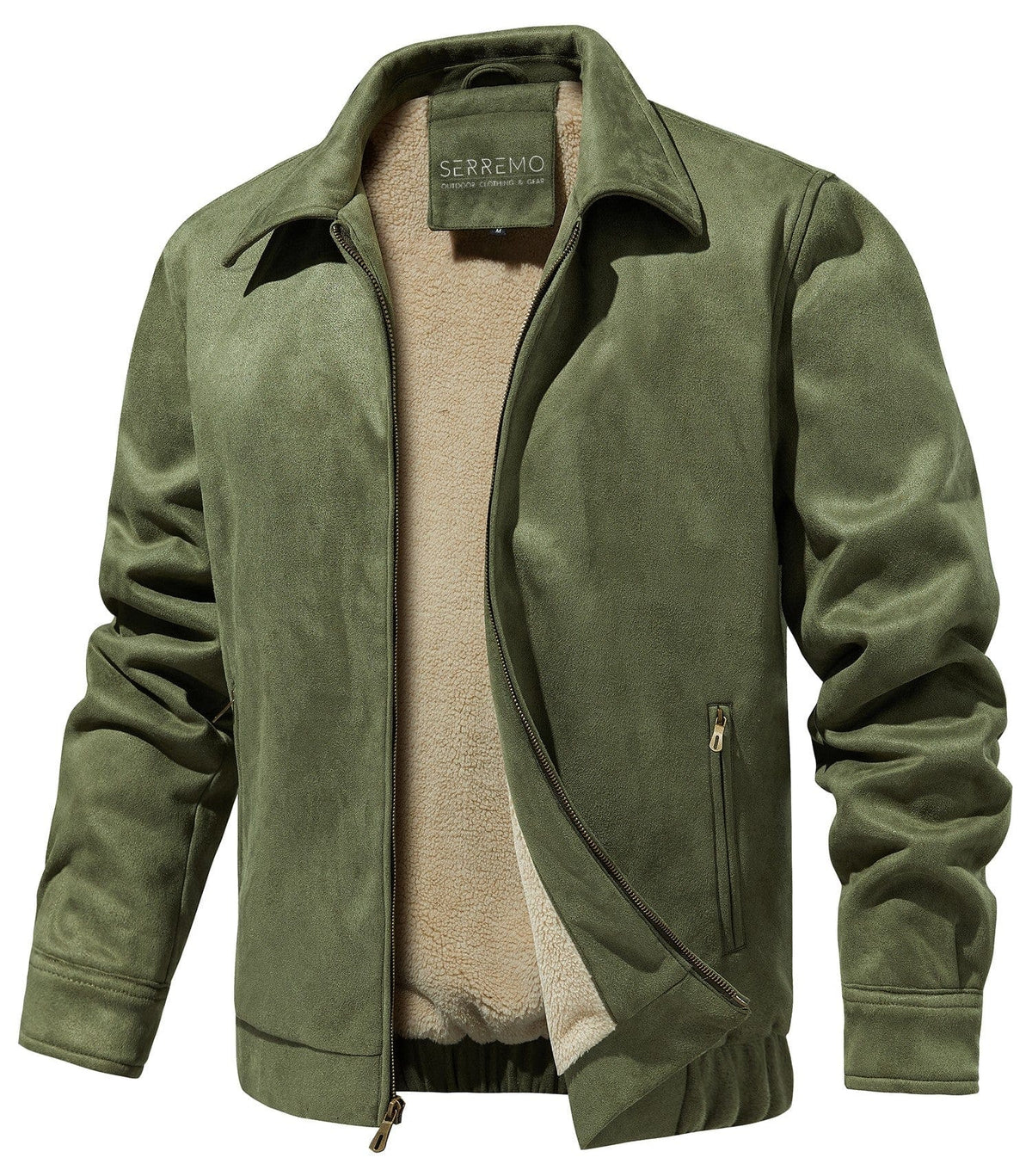 Grüne Herren Jacke mit Teddyfutter und Reißverschluss