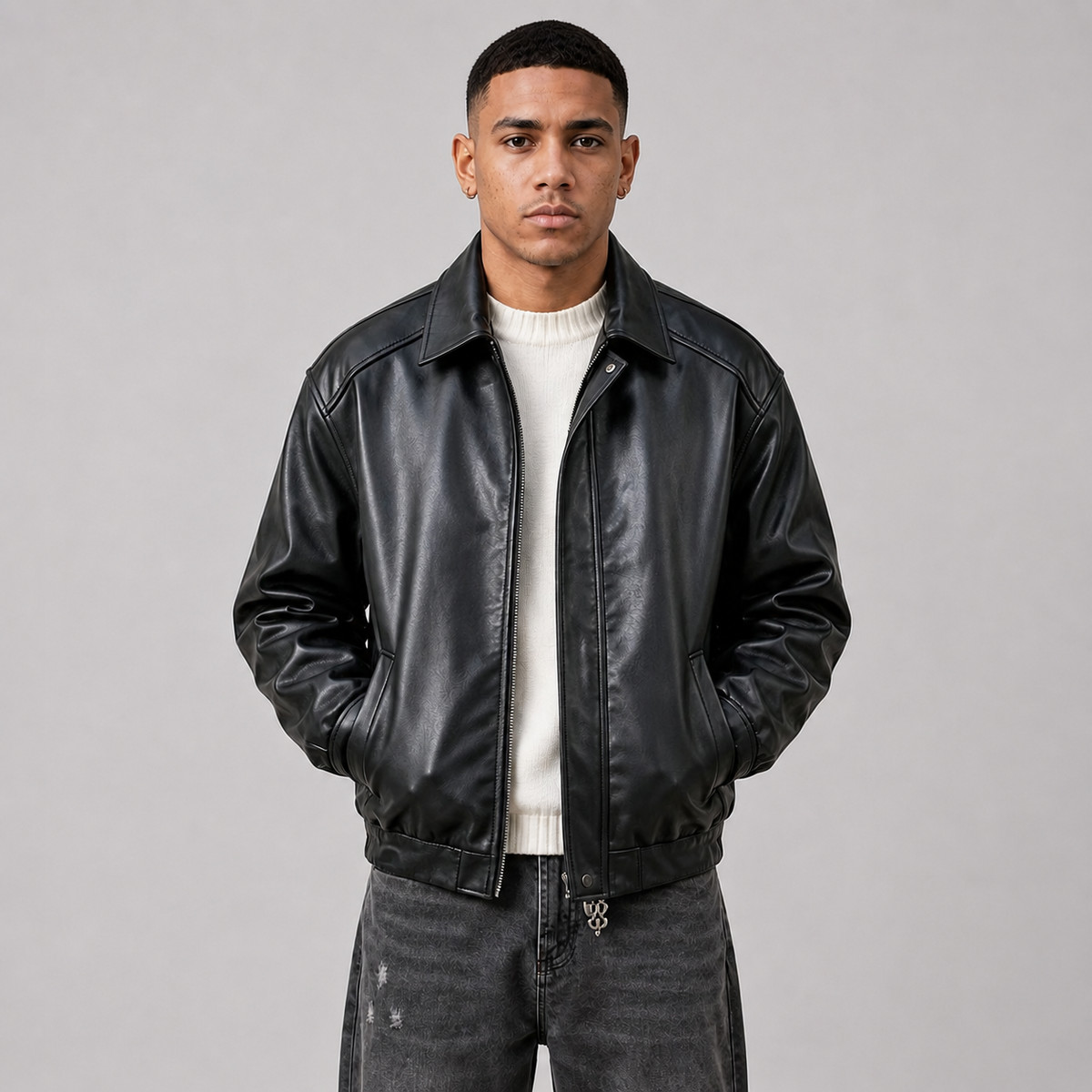 Herren Kunstlederjacke mit Druckknöpfen