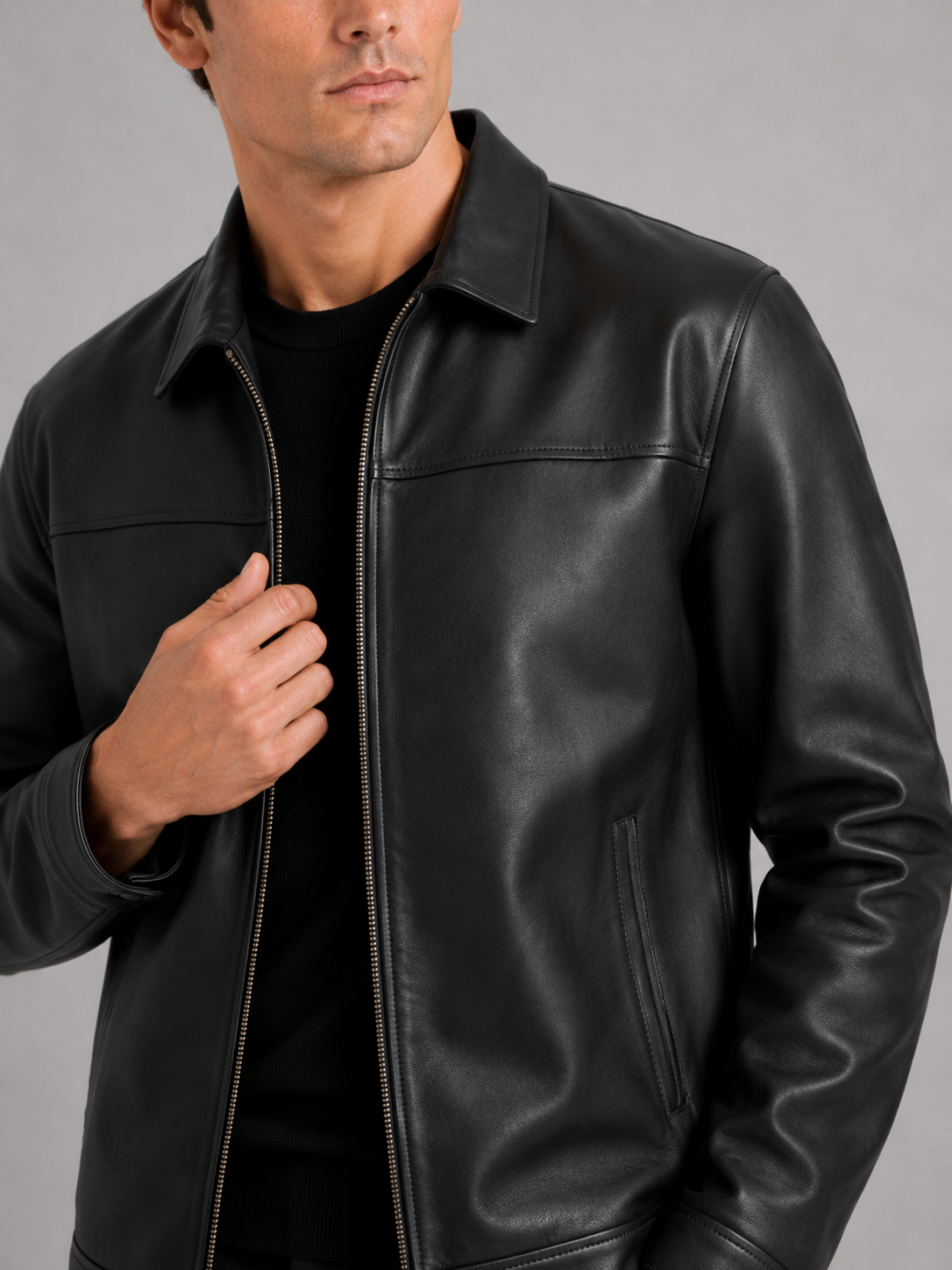 Veste aviateur en cuir pour hommes avec fermeture éclair