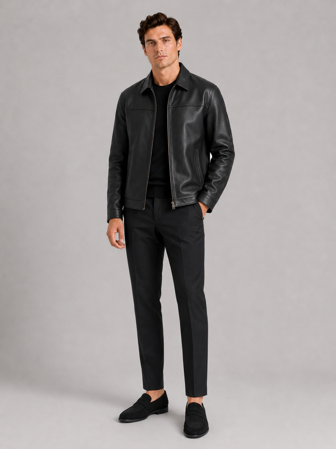 Veste aviateur en cuir pour hommes avec fermeture éclair
