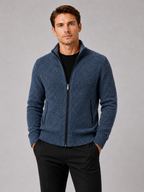 Man styling blue fleece cardigan sweater in a classic everyday winter lifestyle outfit