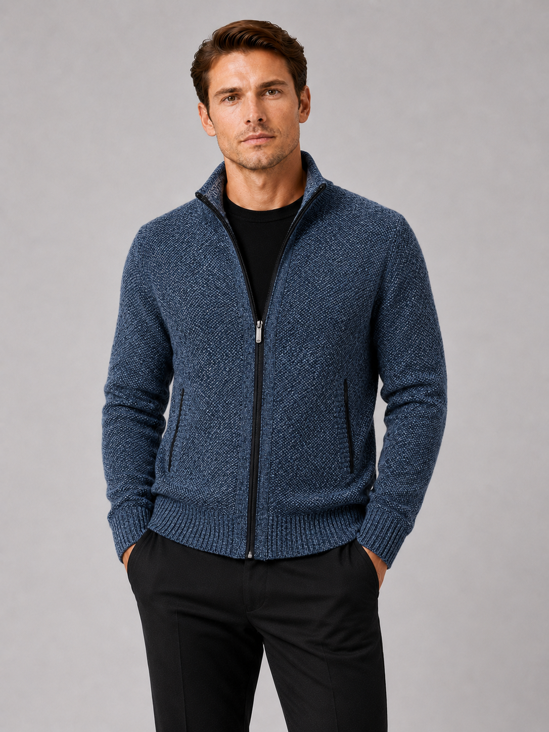 Man styling blue fleece cardigan sweater in a classic everyday winter lifestyle outfit