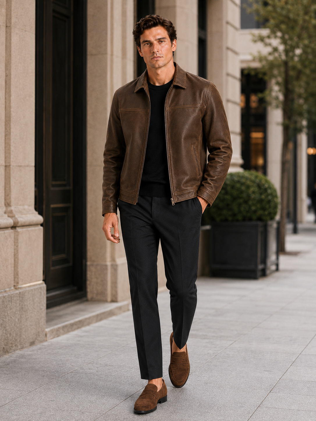 Veste aviateur en cuir pour hommes avec fermeture éclair