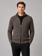 Man styling brown fleece cardigan sweater in a relaxed everyday winter lifestyle outfit