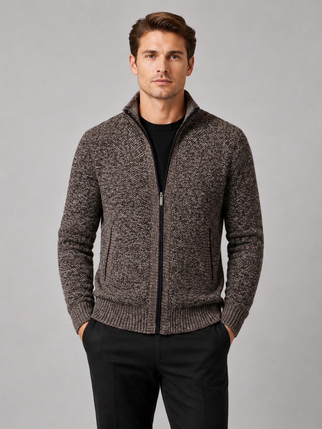 Man styling brown fleece cardigan sweater in a relaxed everyday winter lifestyle outfit