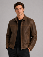 Men’s brown zip up leather jacket relaxed fit for spring fall streetwear outfits