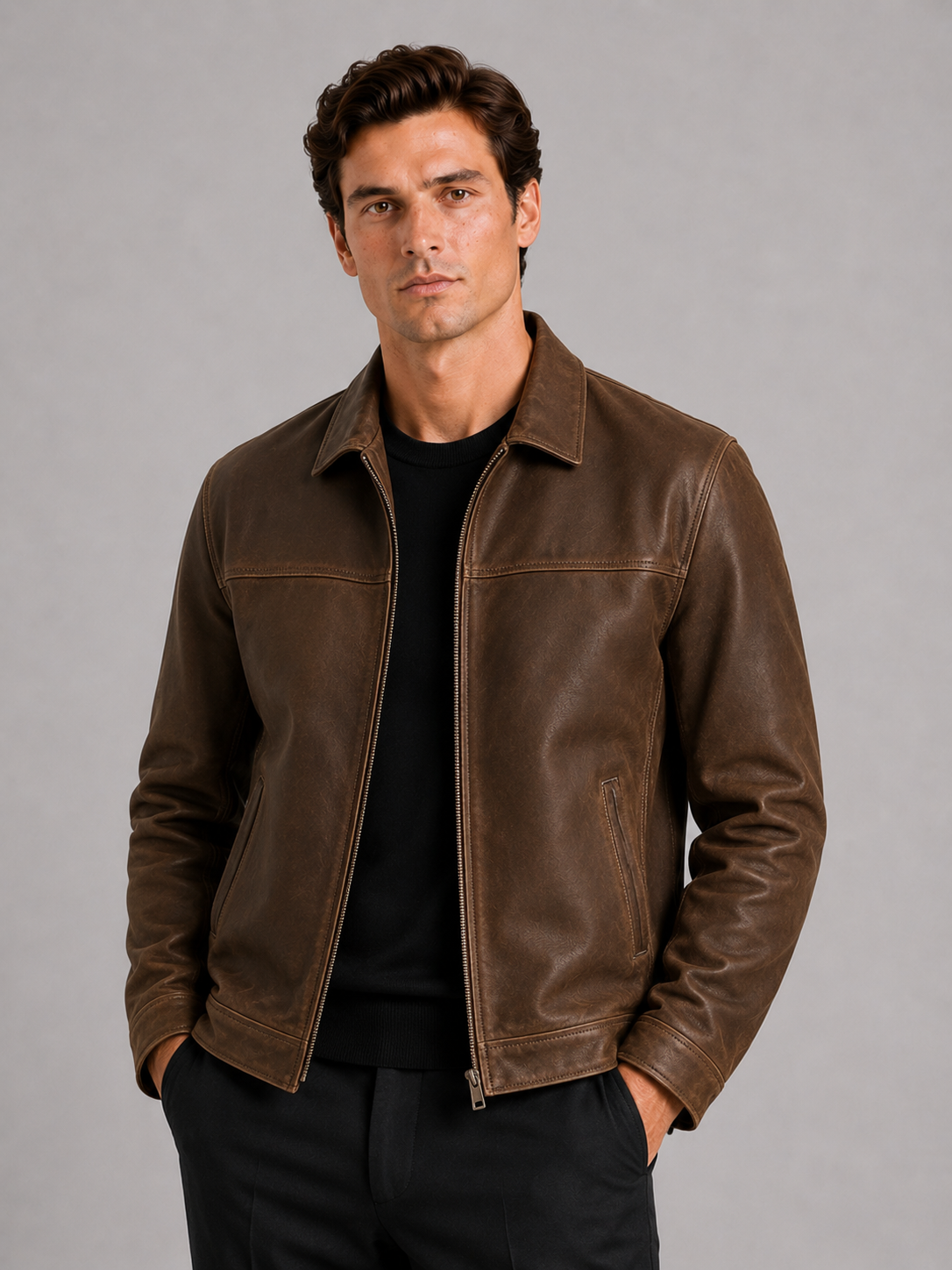 Men’s brown zip up leather jacket relaxed fit for spring fall streetwear outfits