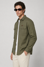 Regular Fit Herren Leinen-Overshirt in Olivgrün