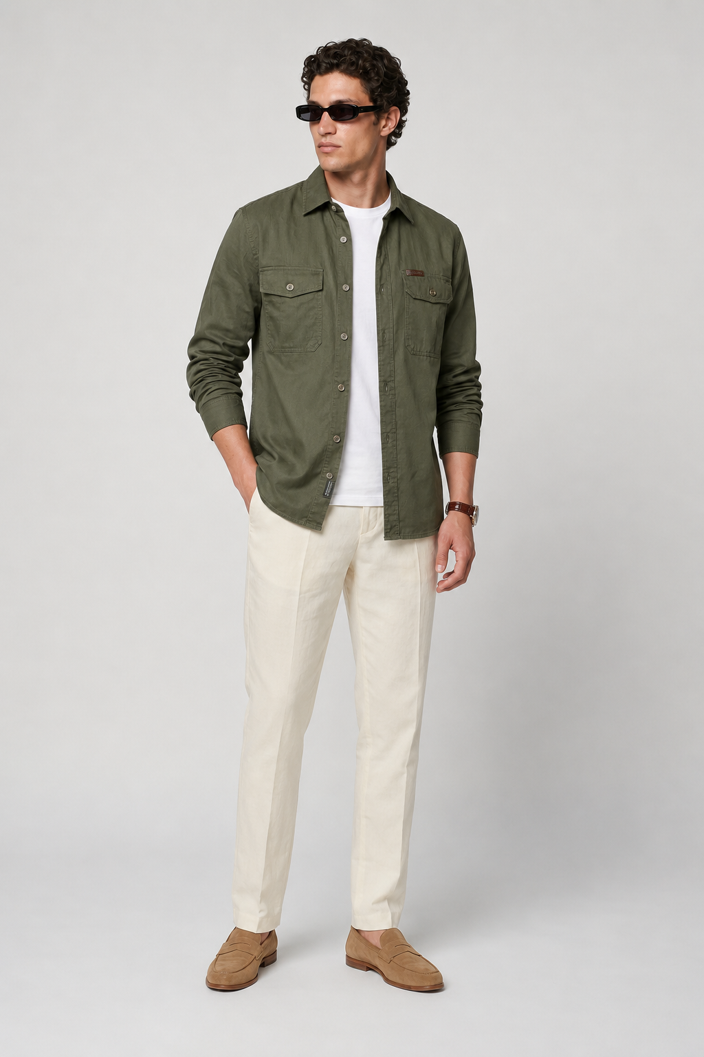 Regular Fit Herren Leinen-Overshirt in Olivgrün