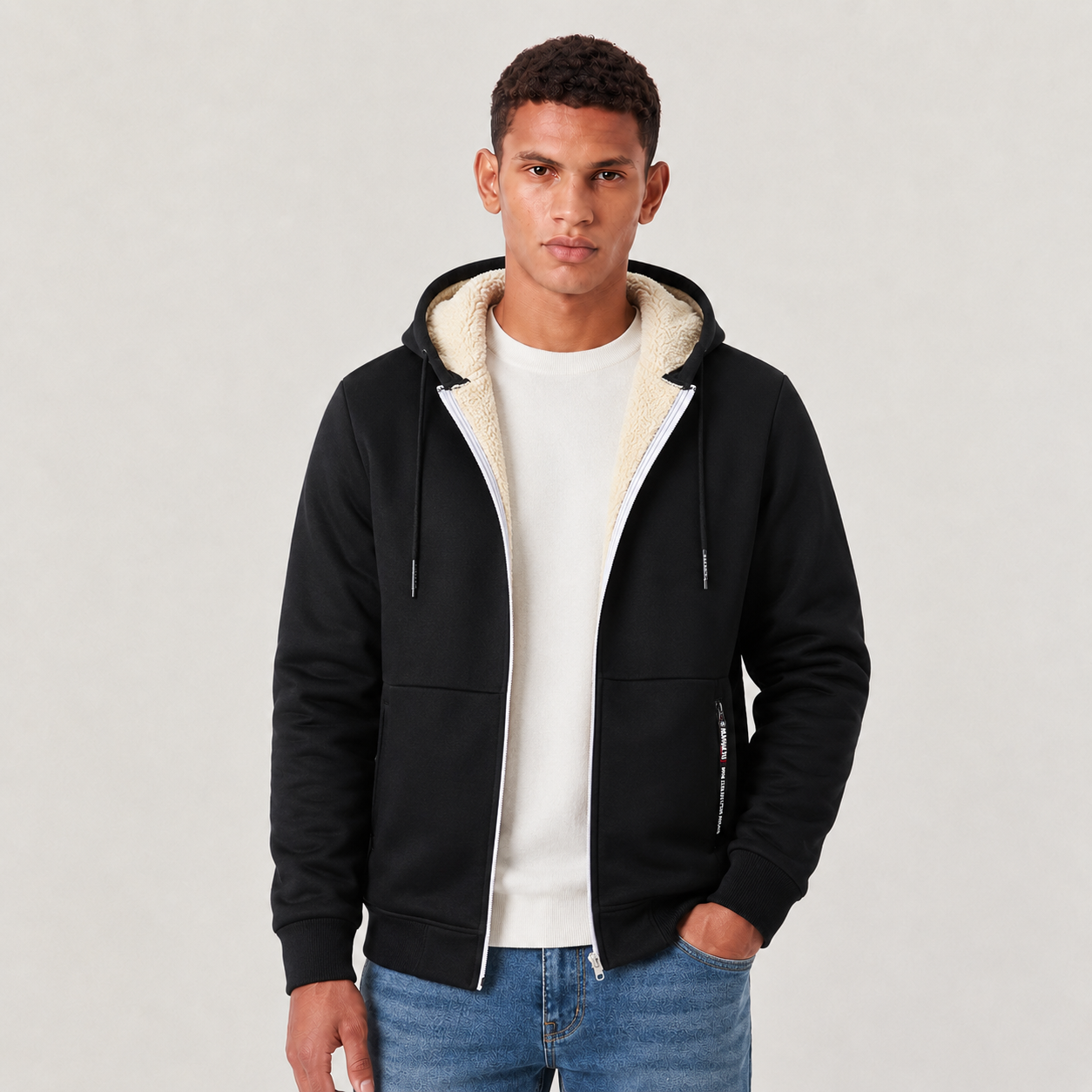 Cardigan à capuche en polaire Sherpa pour hommes avec fermeture éclair
