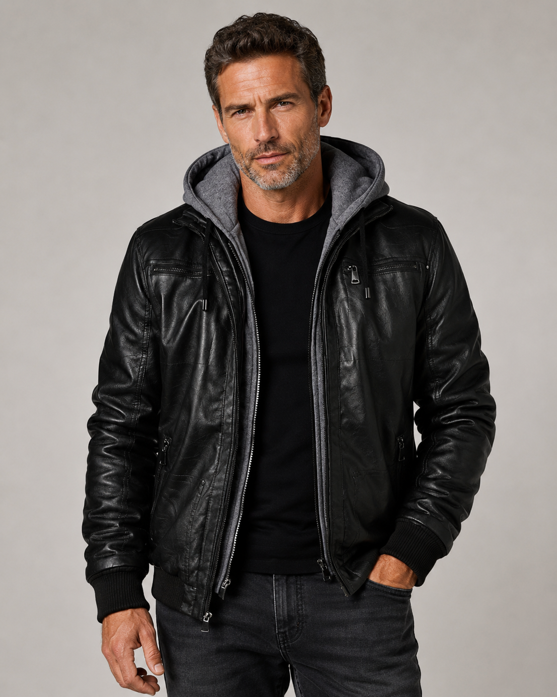 Veste bomber homme en similicuir avec capuche doublée