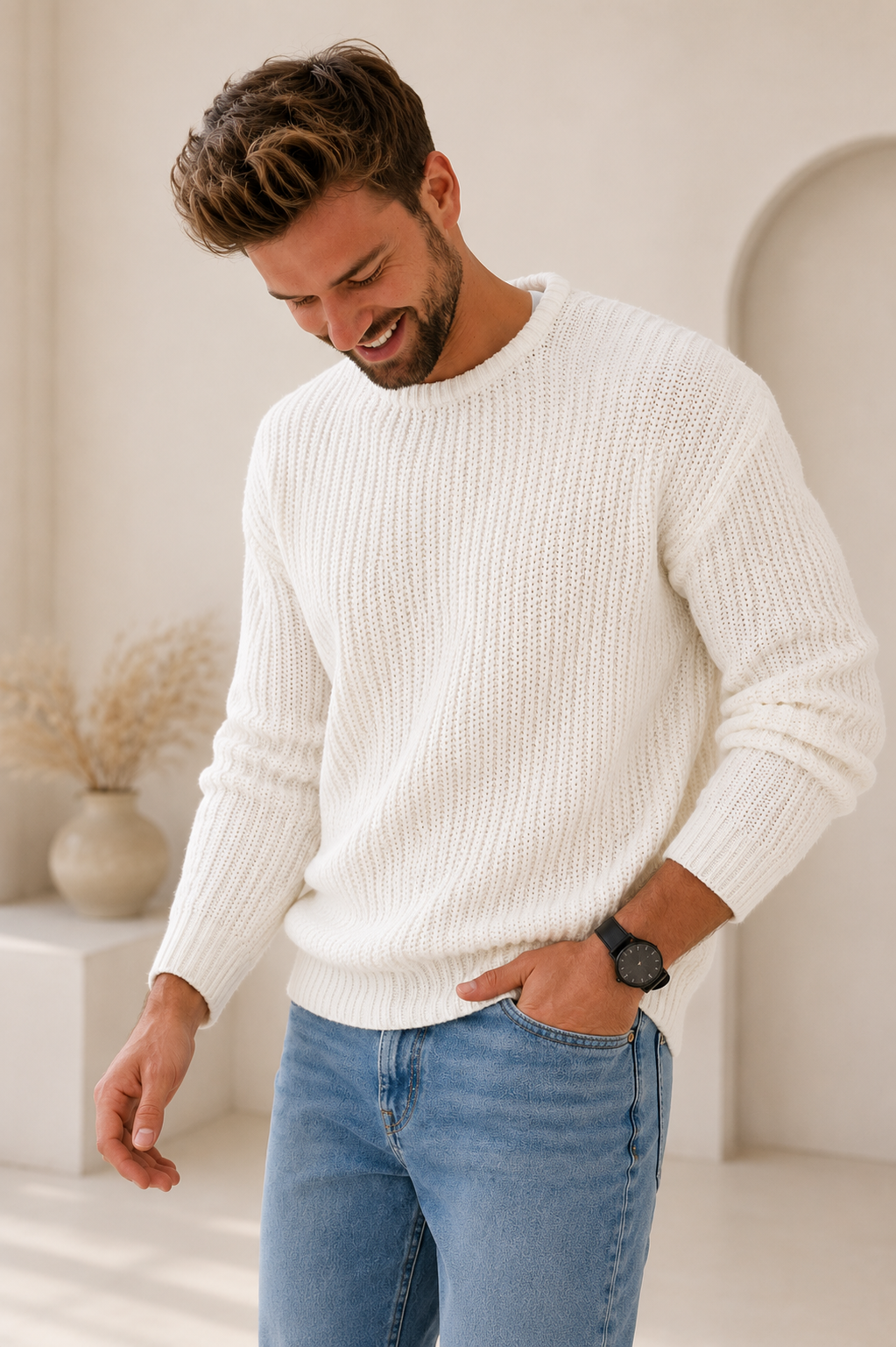 Pull-over en maille épaisse pour homme avec col rond