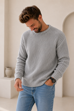 Men's relaxed-fit chunky knit sweater with ribbed hem, back view