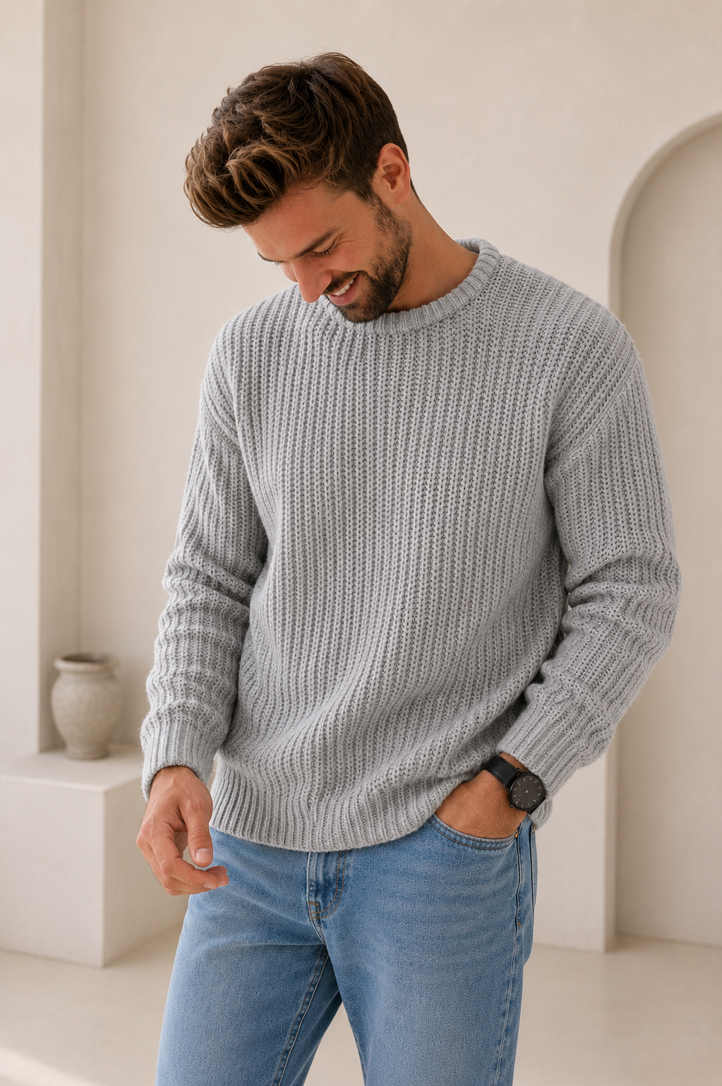 Men's relaxed-fit chunky knit sweater with ribbed hem, back view