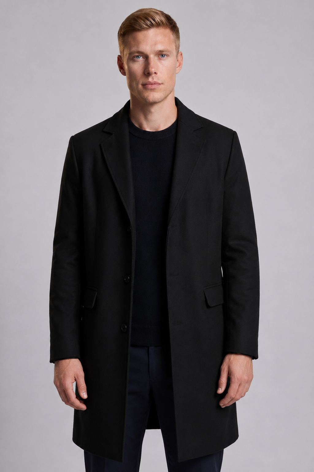 Sort Enkeltradet Herrefrakke i Premium Tekstil, Regular Fit - - Jakker - Valmont Wear