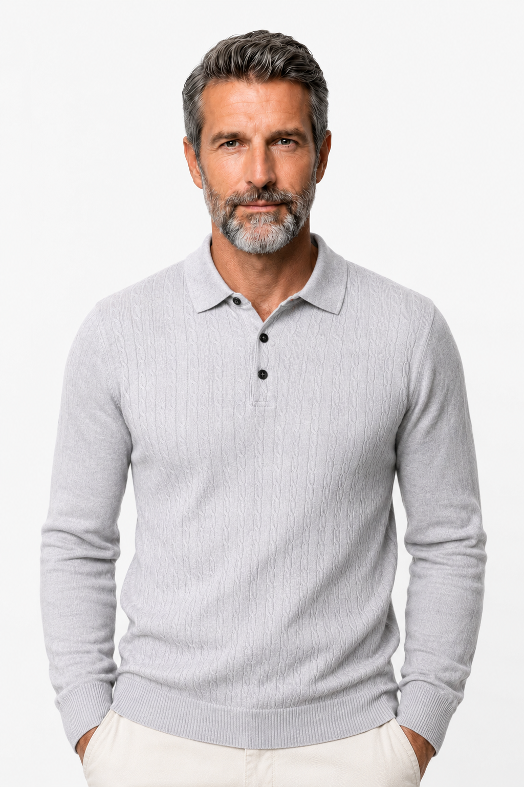 Pullover til Mænd - Lysegrå - Kabelstrik - Krave Langærmet - - Sweater - Valmont Wear