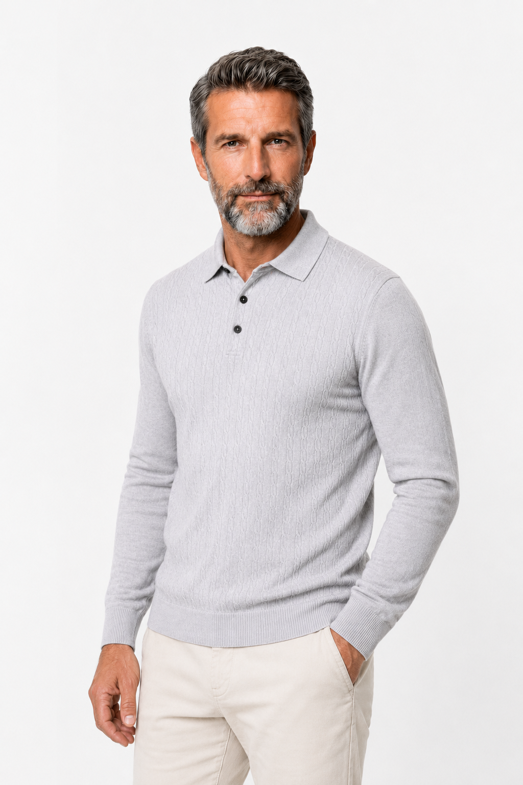 Herren Zopfstrickpullover mit Kragen in Hellgrau Langarm