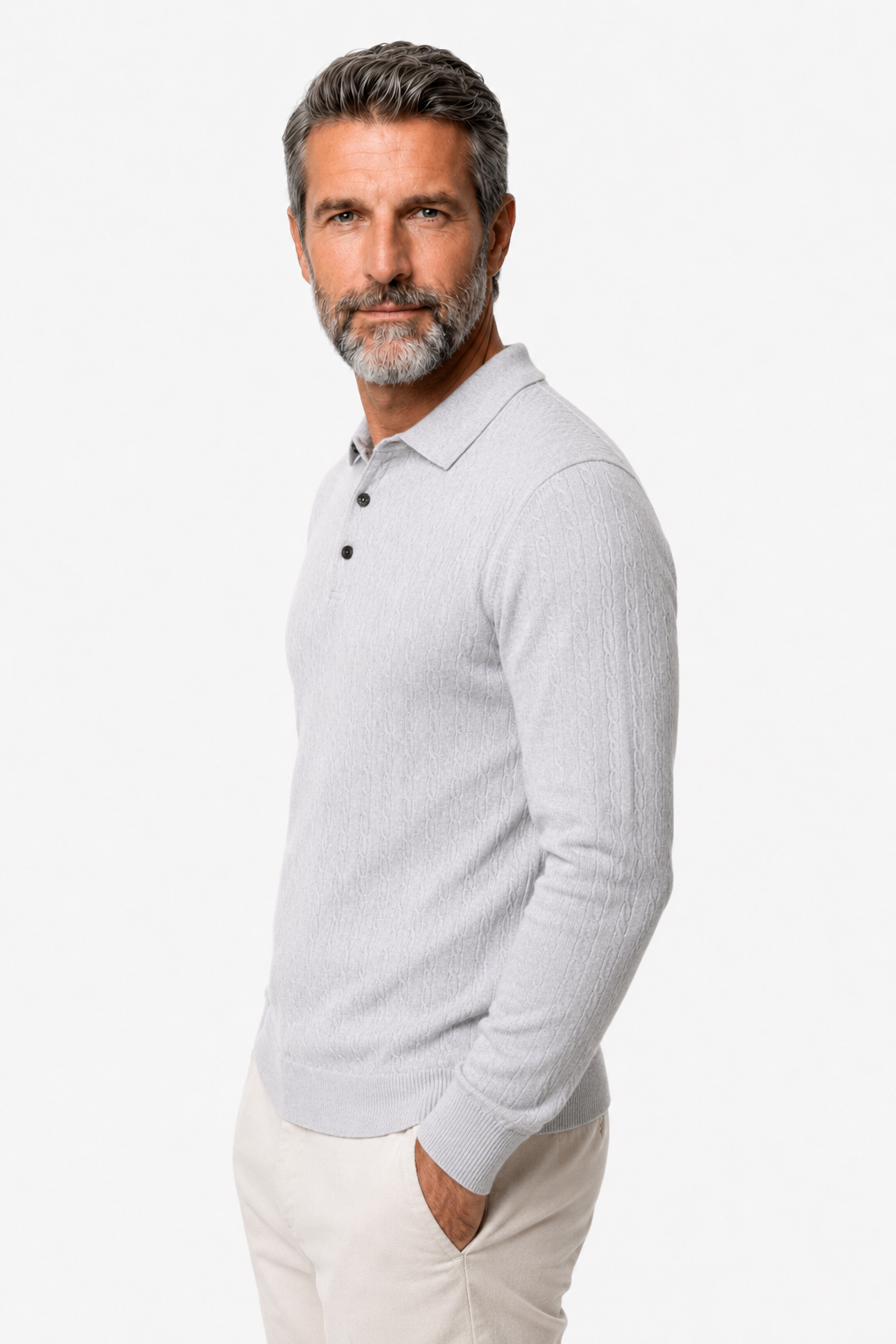 Herren Zopfstrickpullover mit Kragen in Hellgrau Langarm