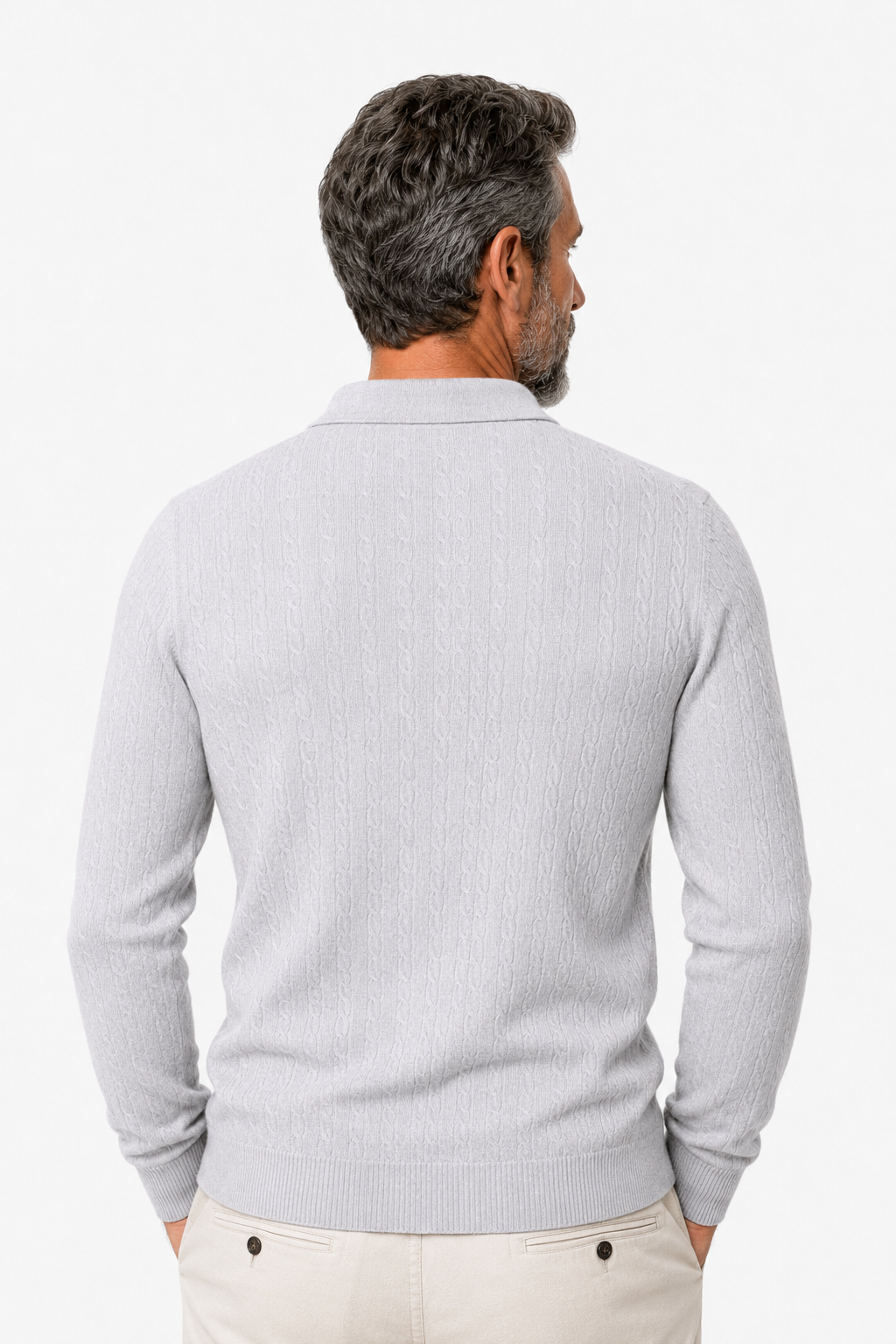 Herren Zopfstrickpullover mit Kragen in Hellgrau Langarm