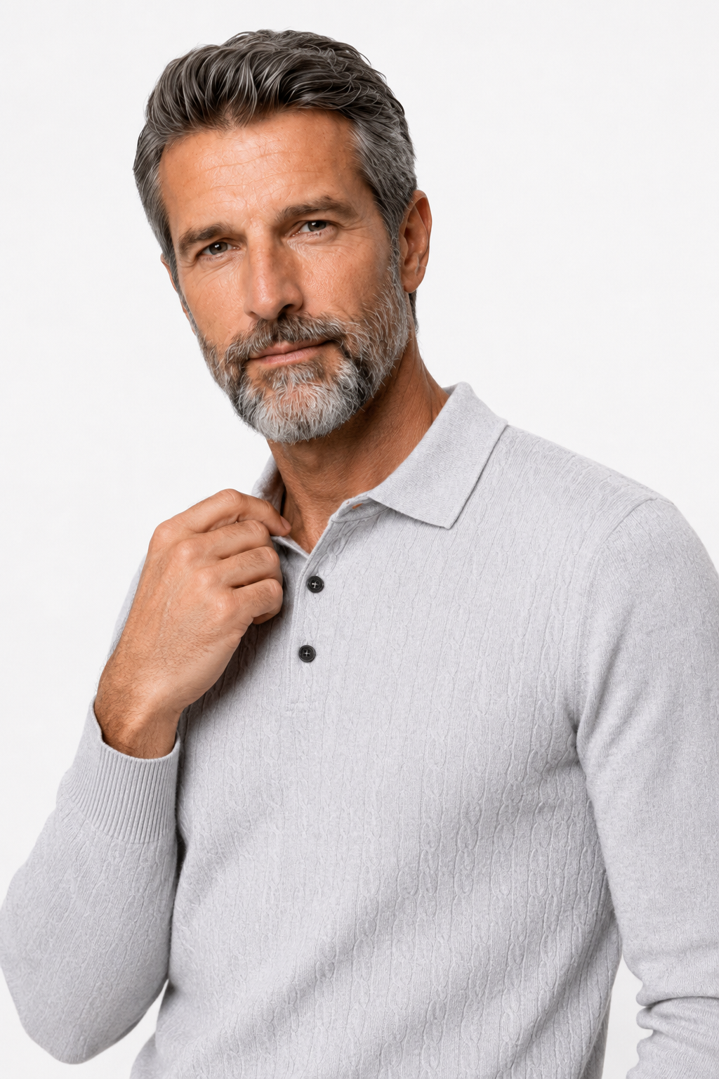 Herren Zopfstrickpullover mit Kragen in Hellgrau Langarm