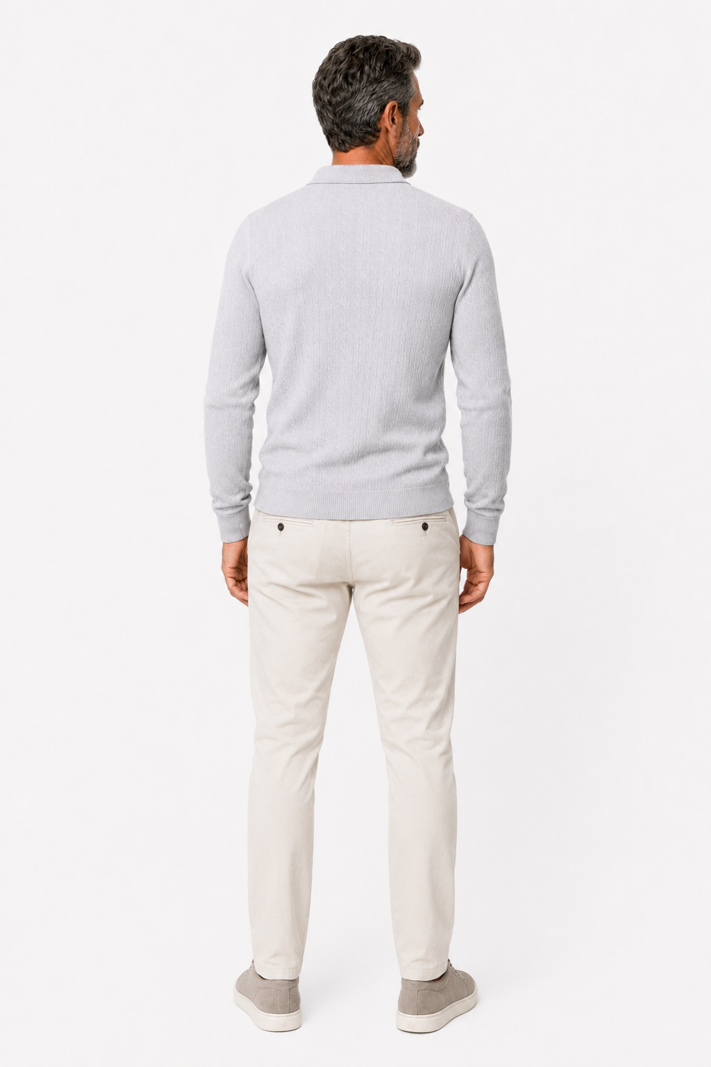 Herren Zopfstrickpullover mit Kragen in Hellgrau Langarm