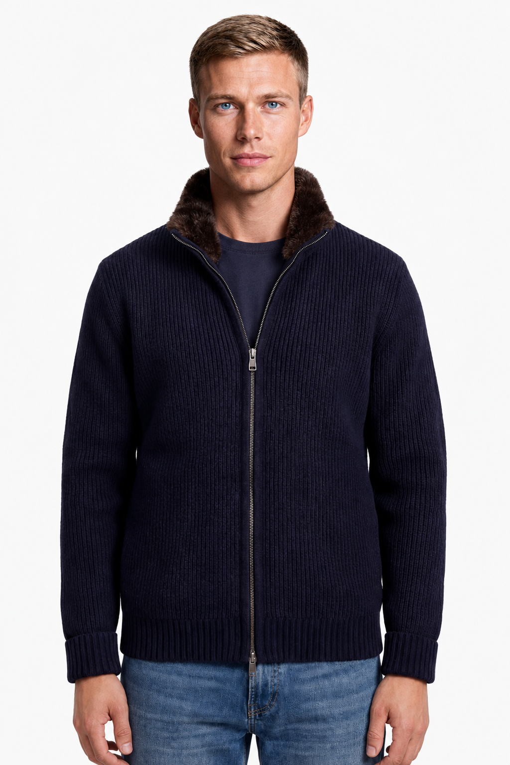 Cardigan homme avec fermeture éclair et col en fourrure