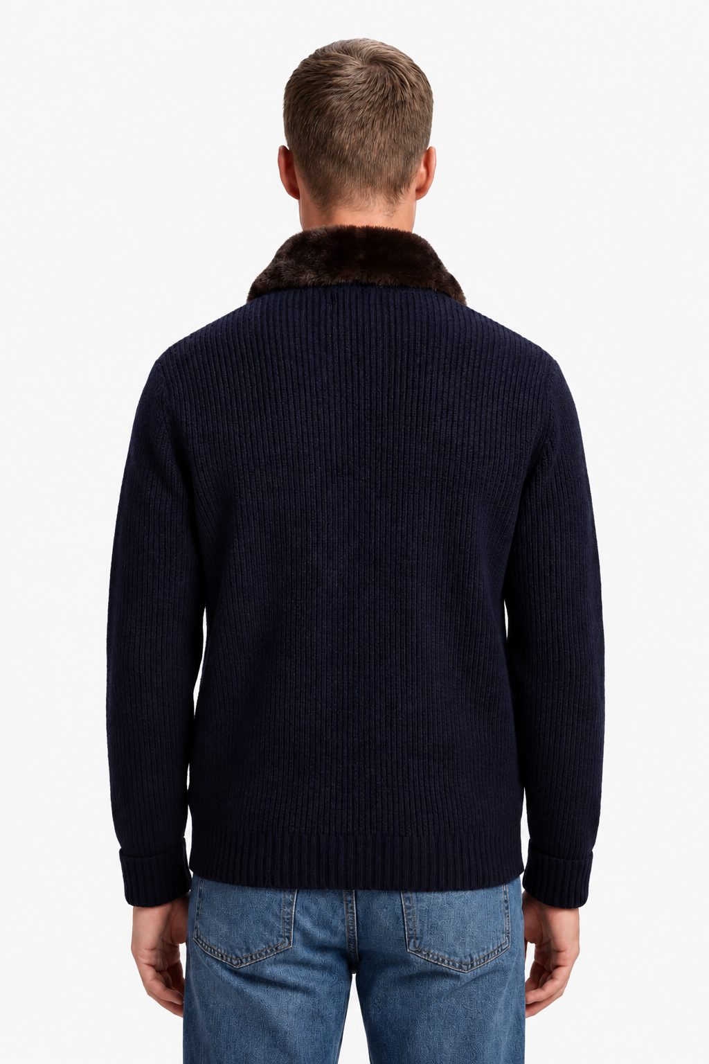 Cardigan homme avec fermeture éclair et col en fourrure