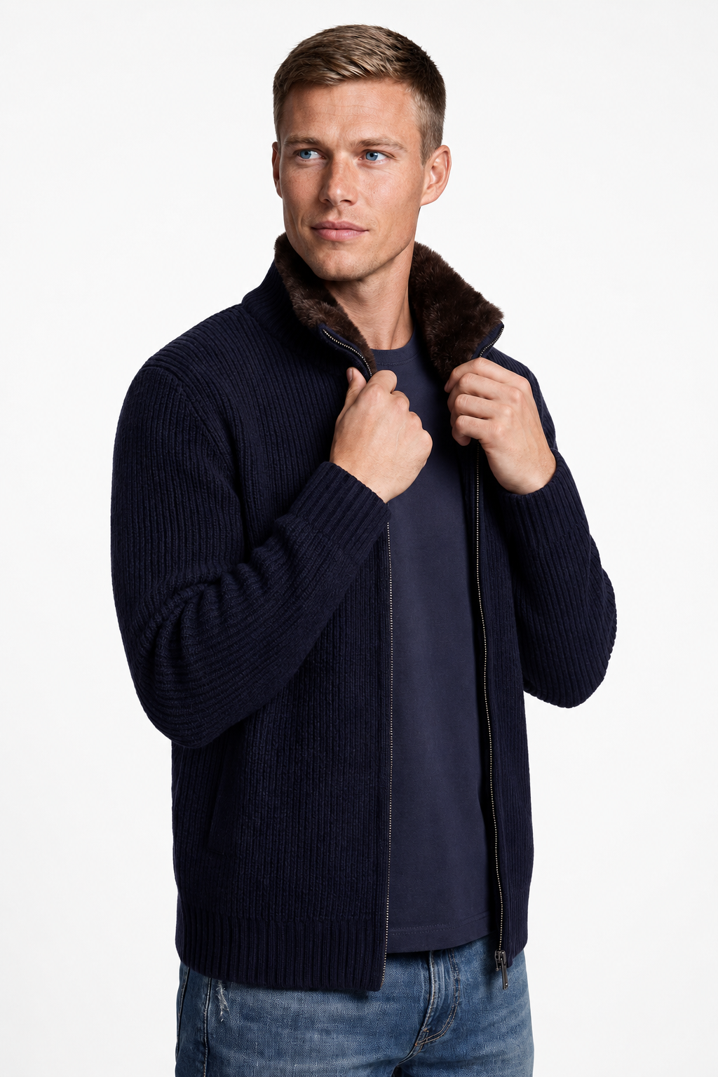 Herre Strikjakke til Mænd - Navy - Uld - Lynlås Pelsforet Krave - - Jakker - Valmont Wear