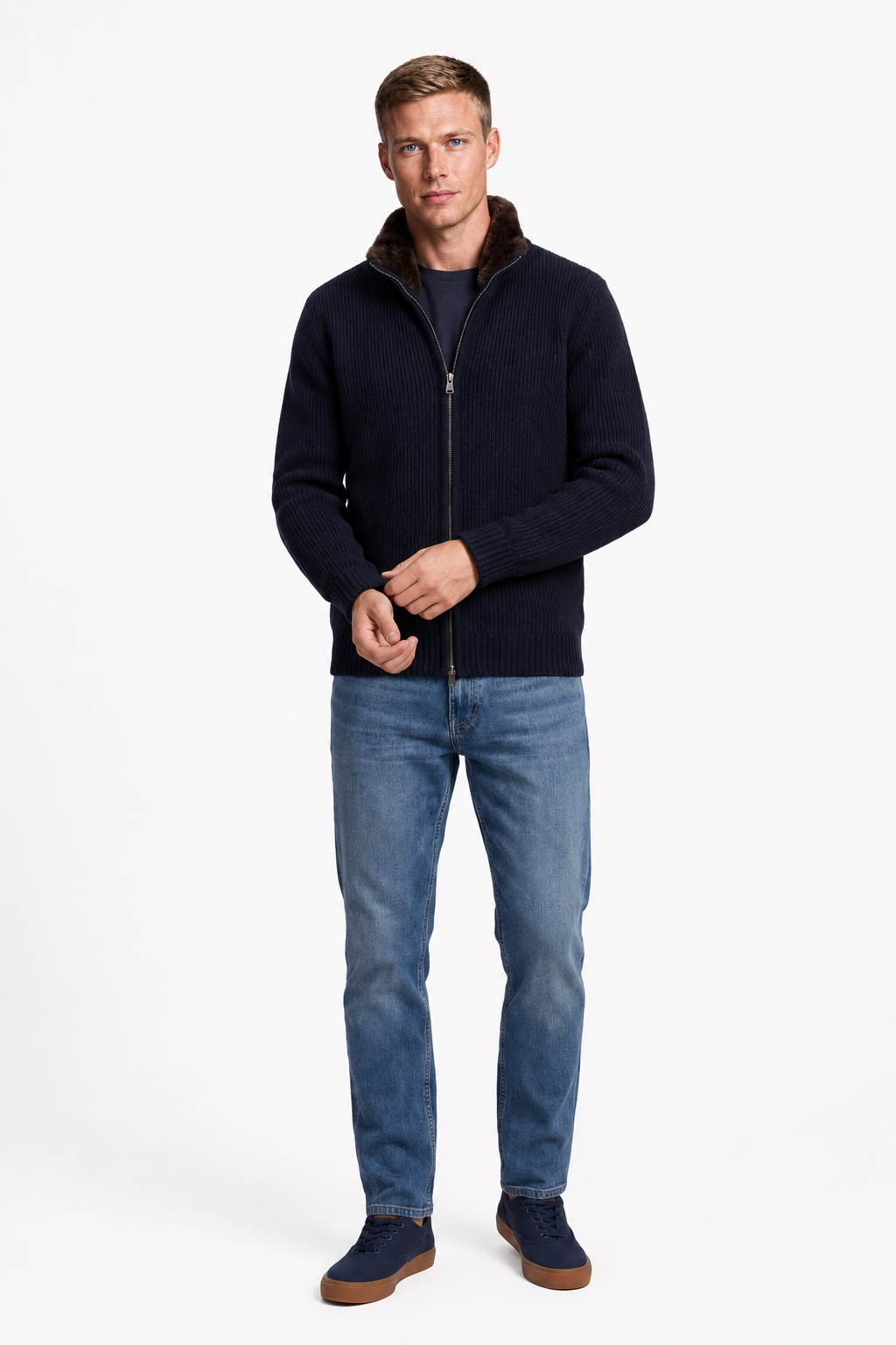 Cardigan homme avec fermeture éclair et col en fourrure