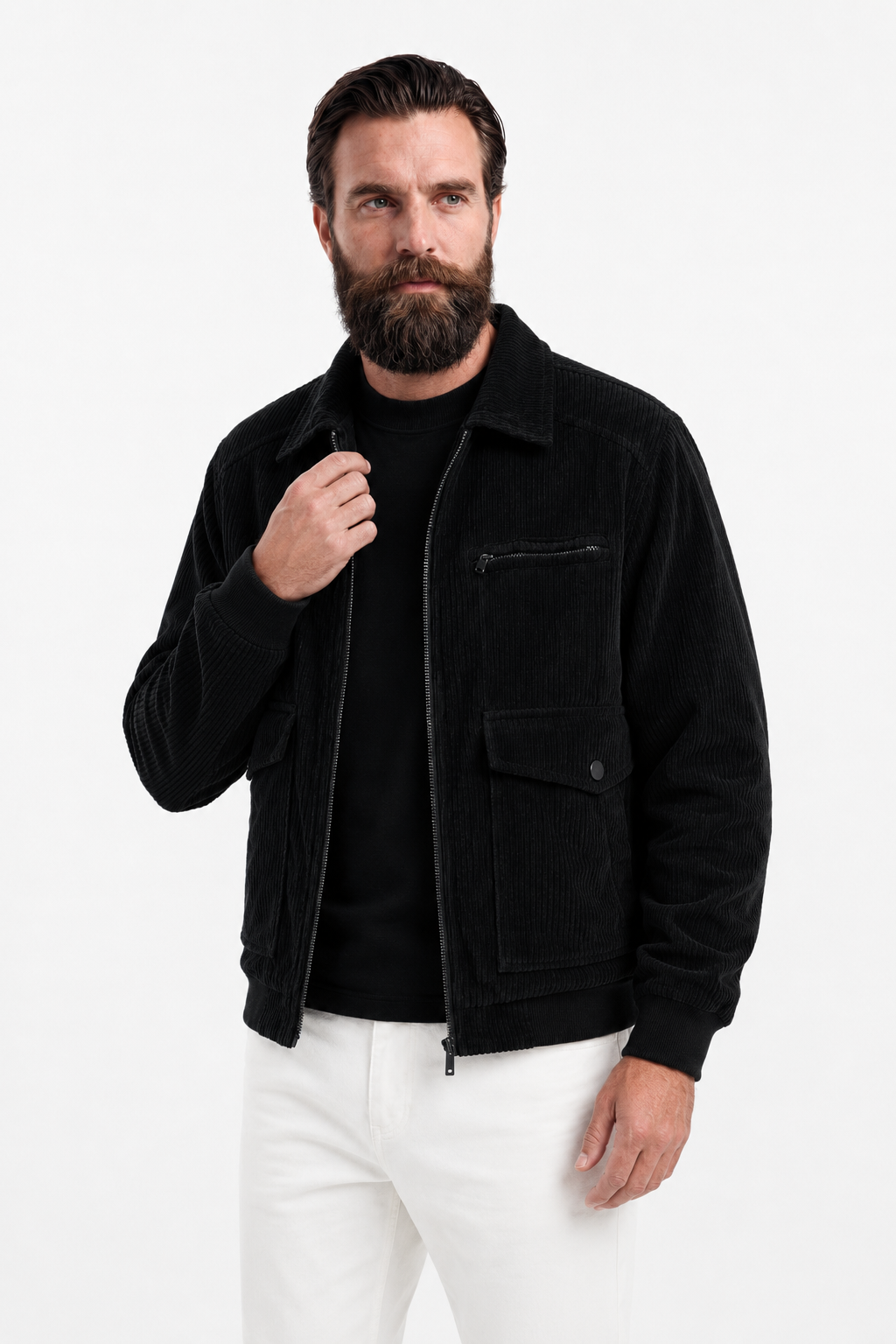 Herre sort corduroy jakke med lynlås i regular fit - perfekt til hverdagsbrug. - - Jakker - Valmont Wear