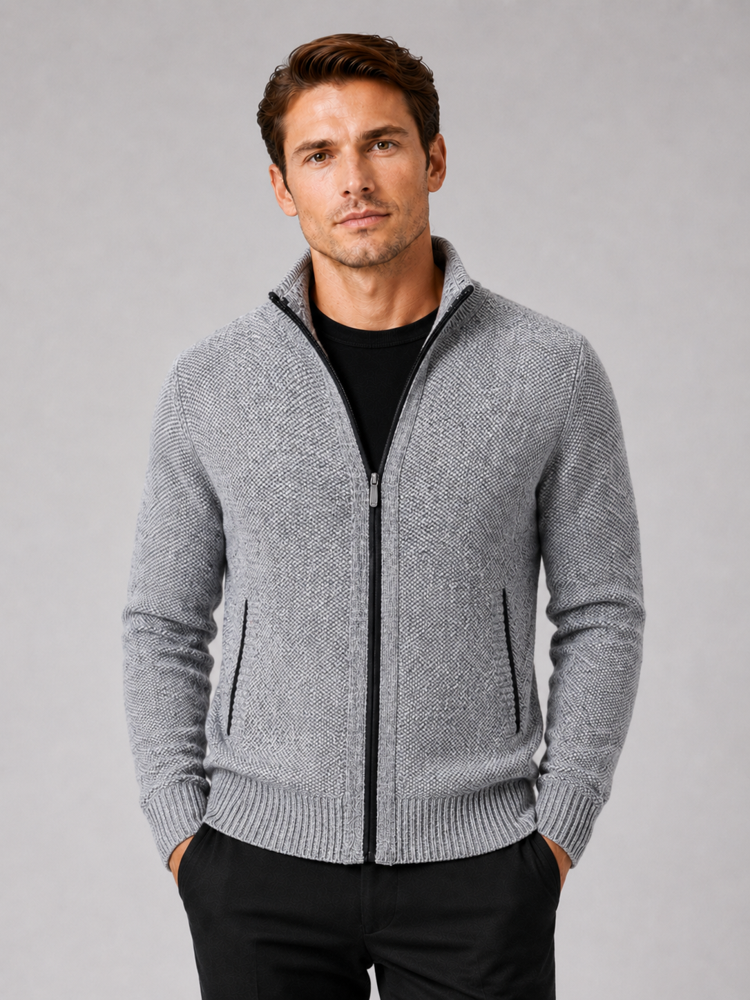 Man styling gray fleece cardigan sweater in a clean everyday winter lifestyle outfit