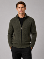 Man styling green fleece cardigan sweater in a rugged everyday winter lifestyle outfit