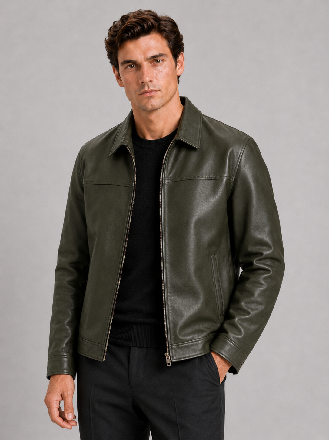 Green leather flight jacket for men loose fit outerwear for everyday casual wear