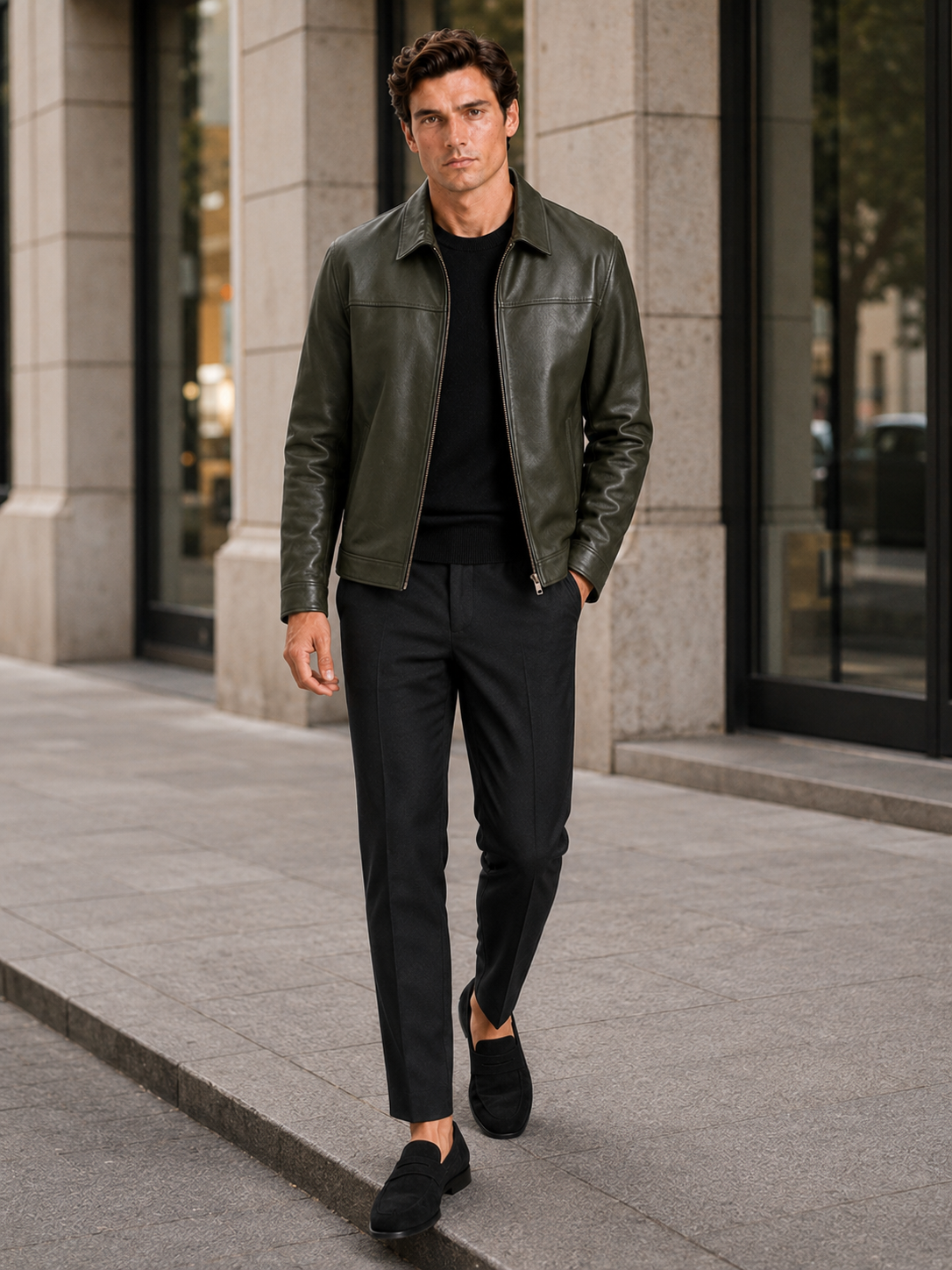 Veste aviateur en cuir pour hommes avec fermeture éclair