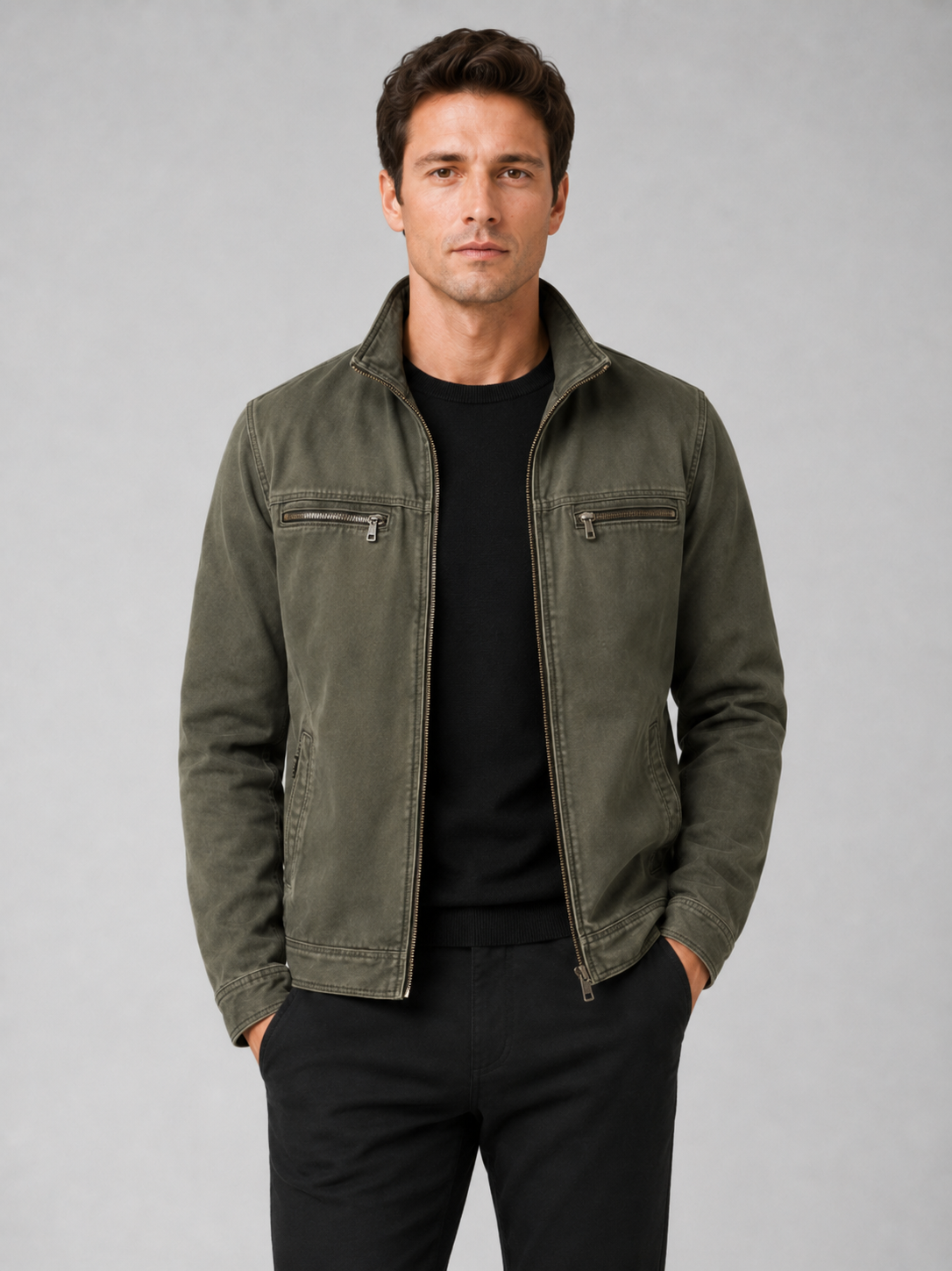Man styling green washed cotton zip up jacket in a rugged travel and casual lifestyle outfit