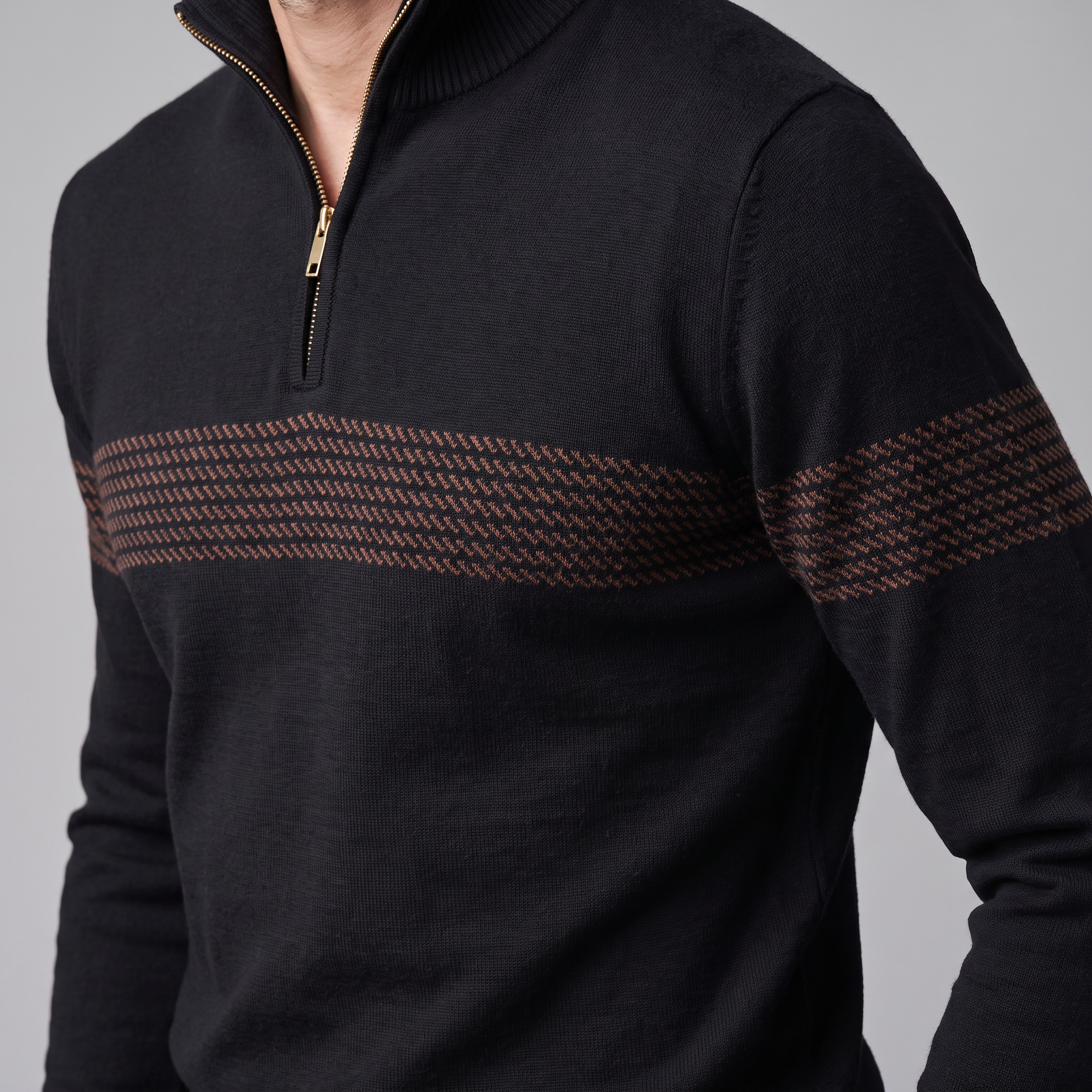 Pull en tricot pour homme avec motif chevron et fermeture éclair quart