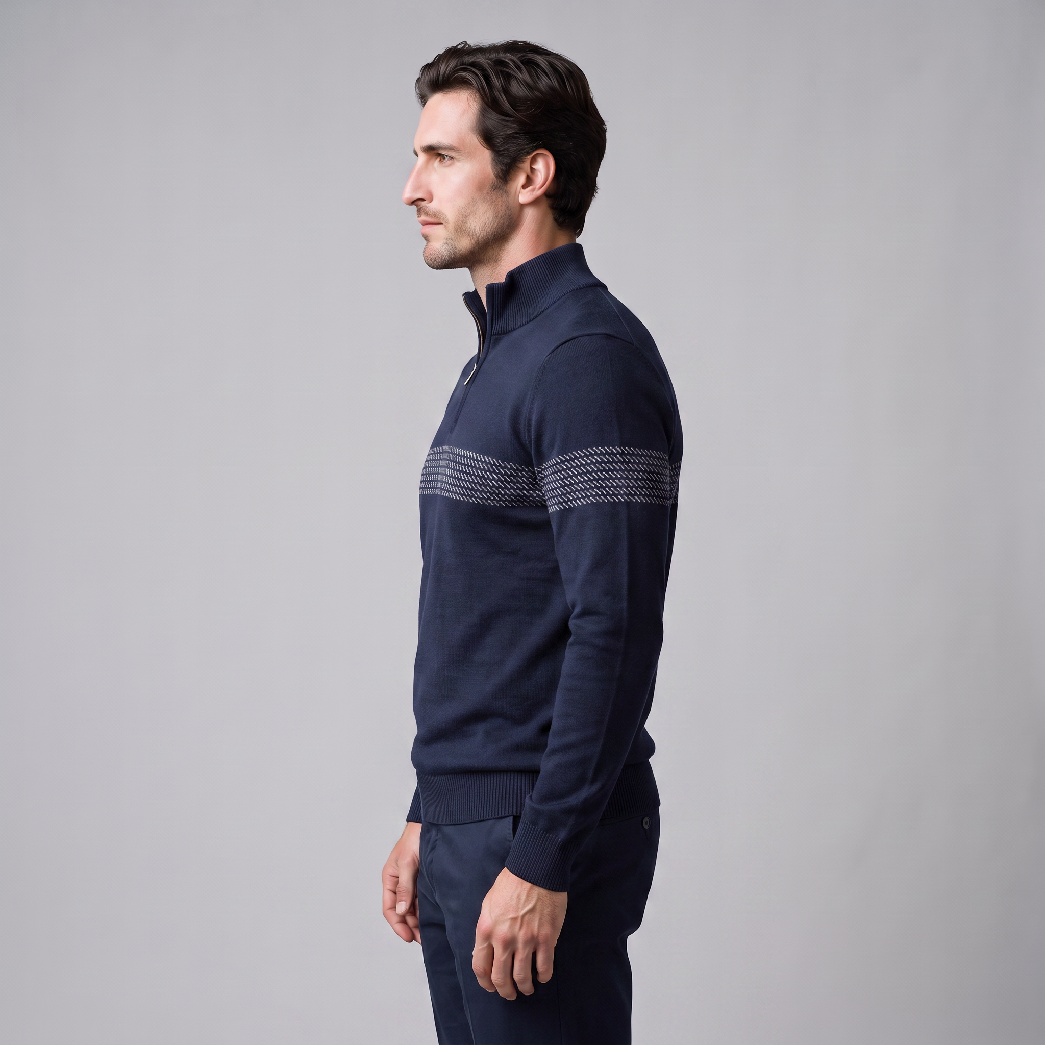Pull en tricot pour homme avec motif chevron et fermeture éclair quart