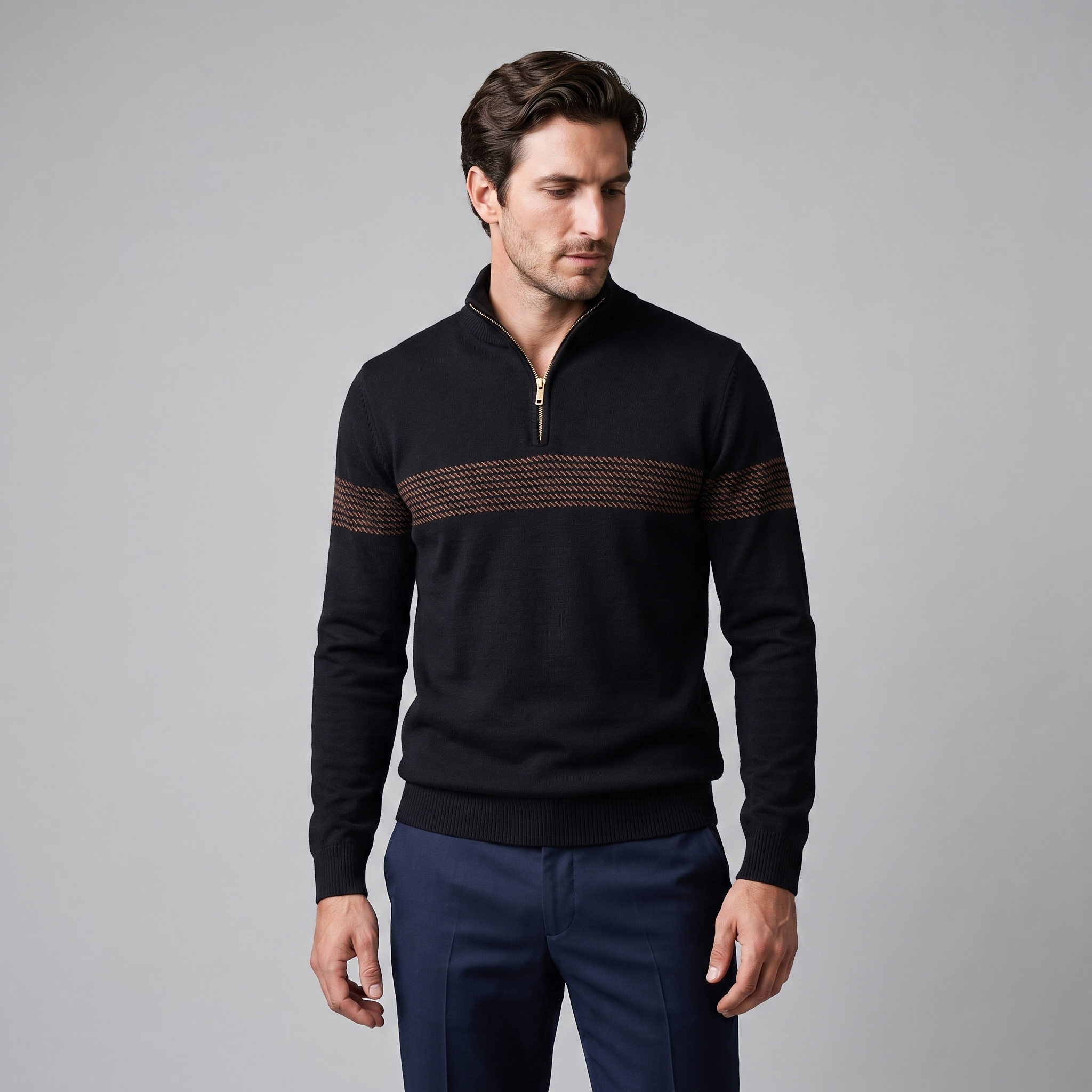 Herren Pullover mit Chevron-Streifen und Quarter-Zip