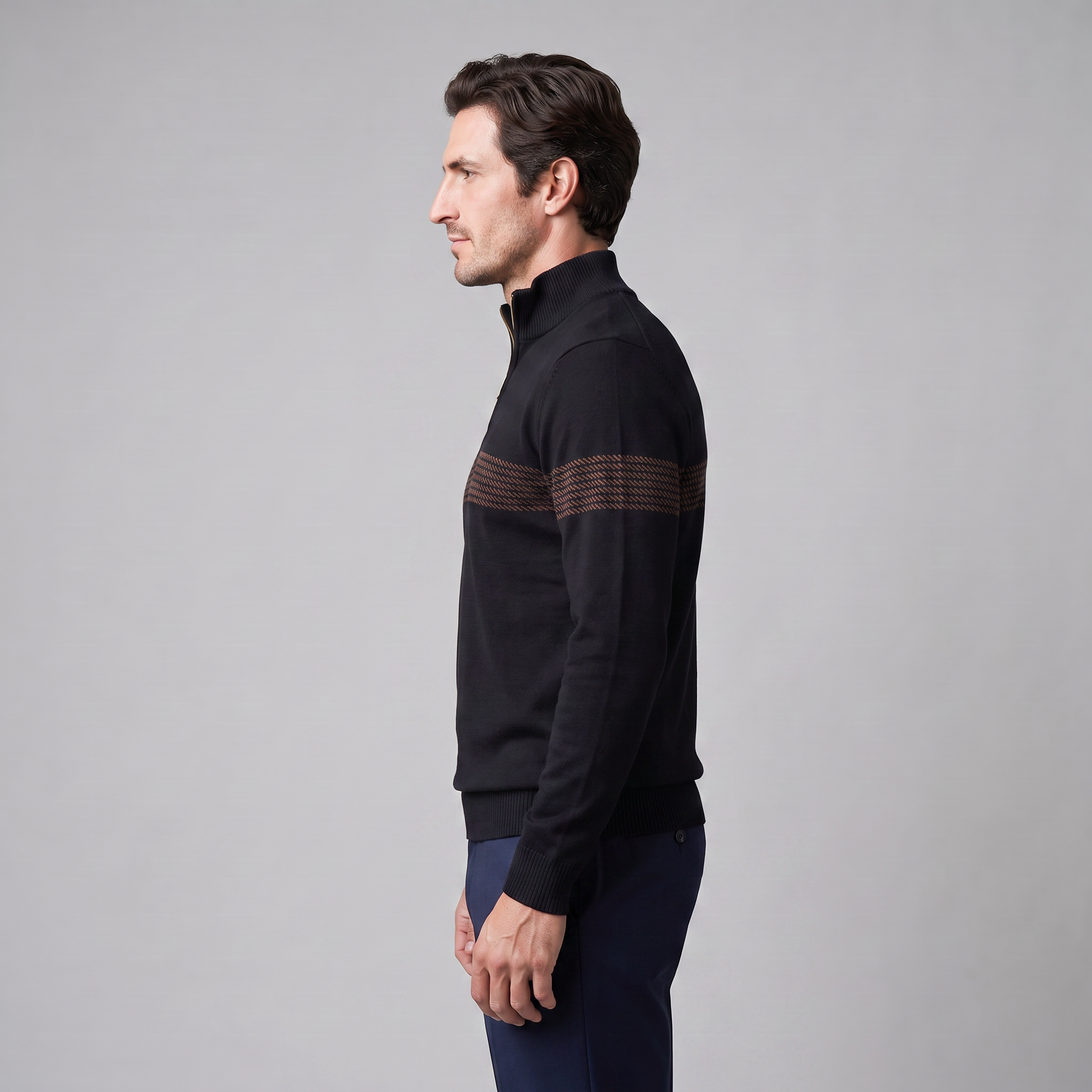 Pull en tricot pour homme avec motif chevron et fermeture éclair quart