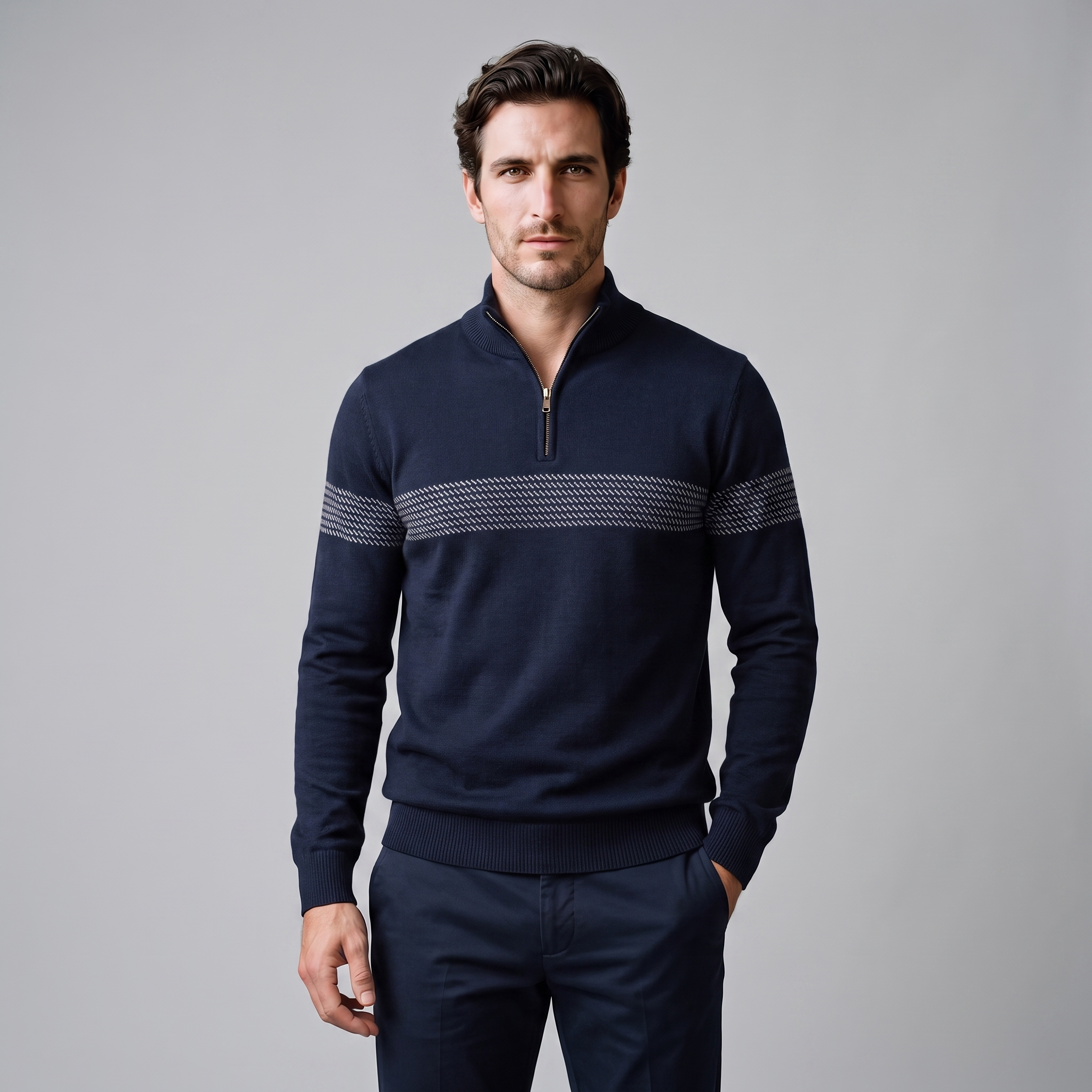 Herren Pullover mit Chevron-Streifen und Quarter-Zip