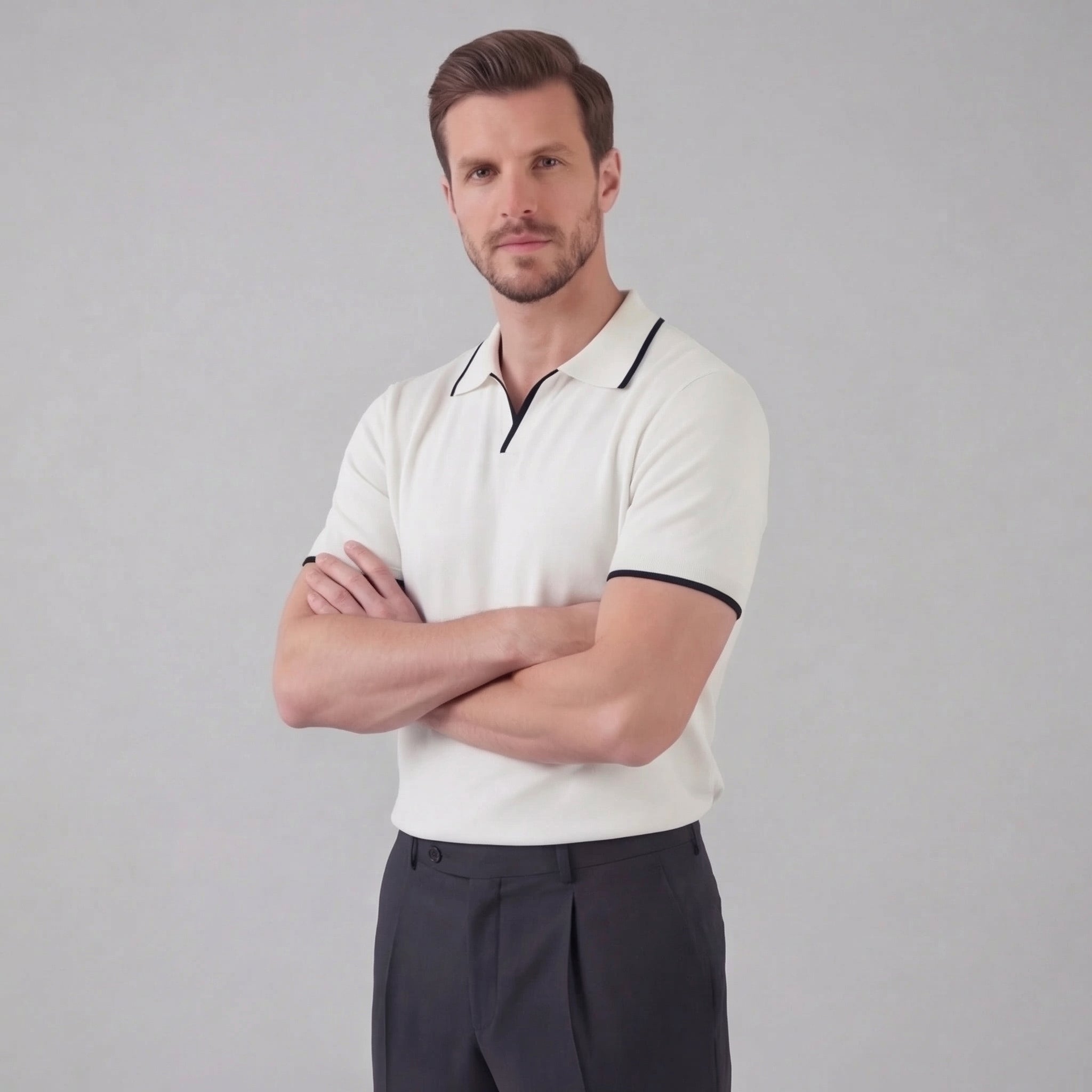 Herren Strick-Polohemd mit Kontrastkragen