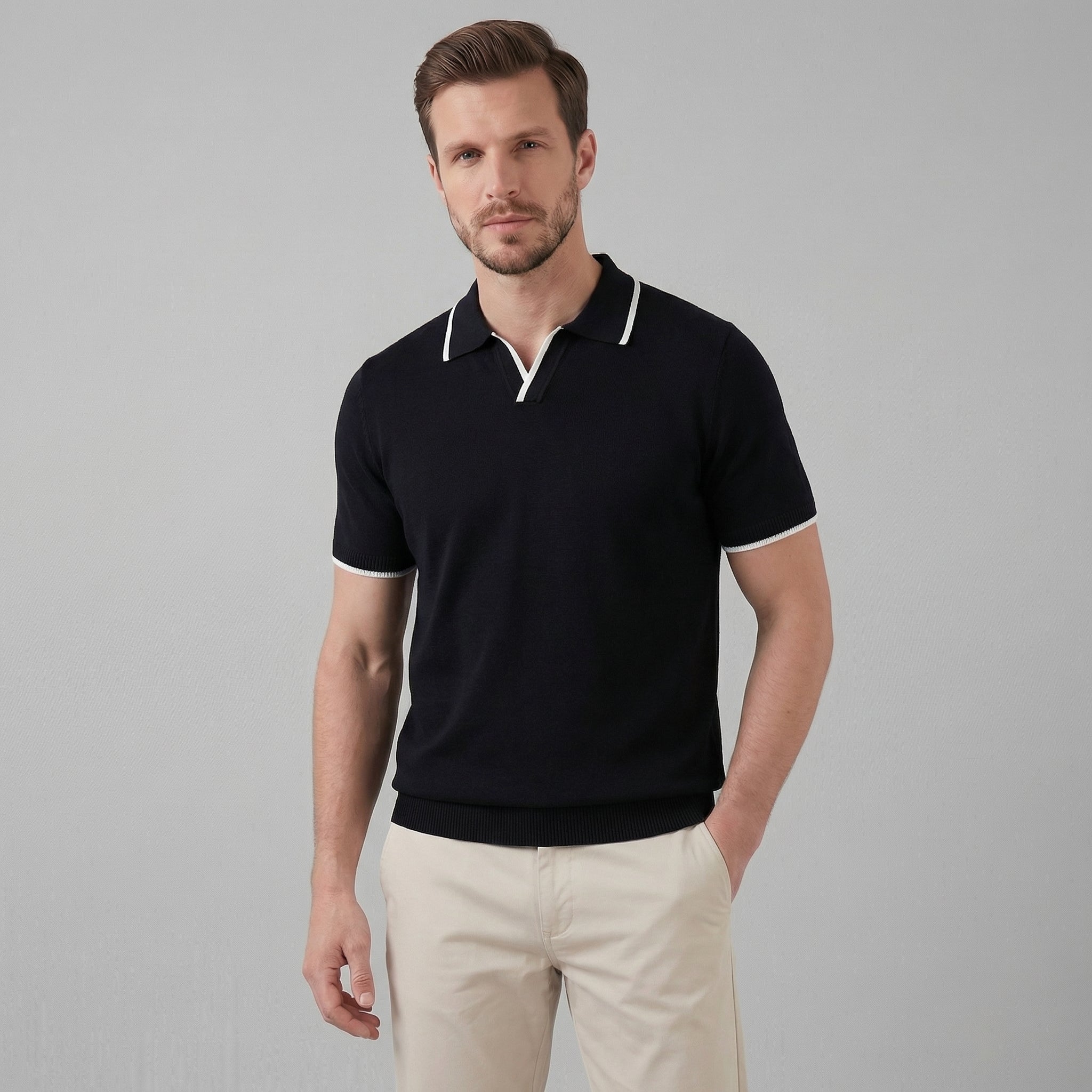 Herren Strick-Polohemd mit Kontrastkragen