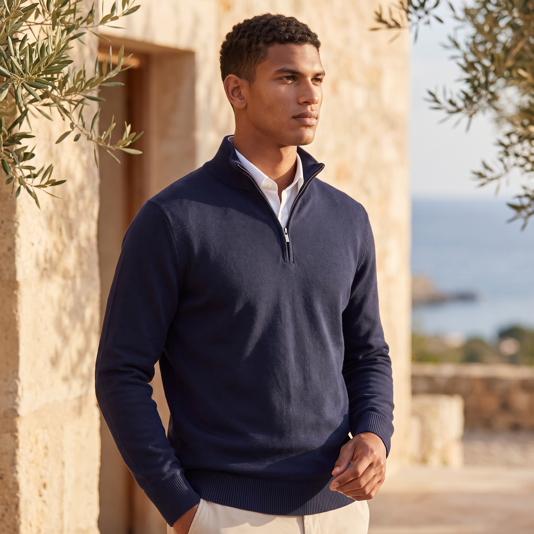 Pull Montarello pour homme à col montant et fermeture éclair quart de tour effet tricoté
