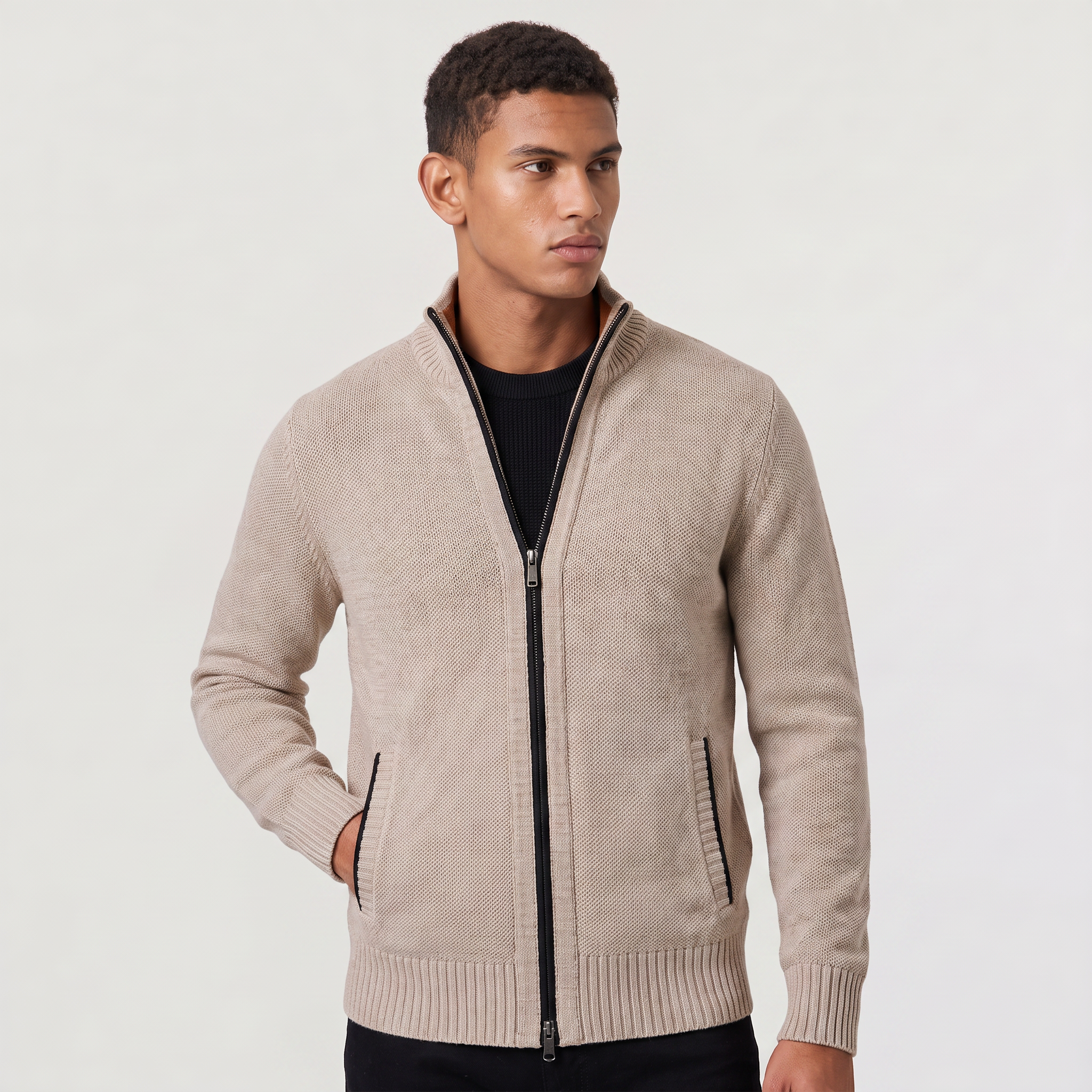 Herren Struktur-Strickjacke mit Stehkragen und Reißverschluss