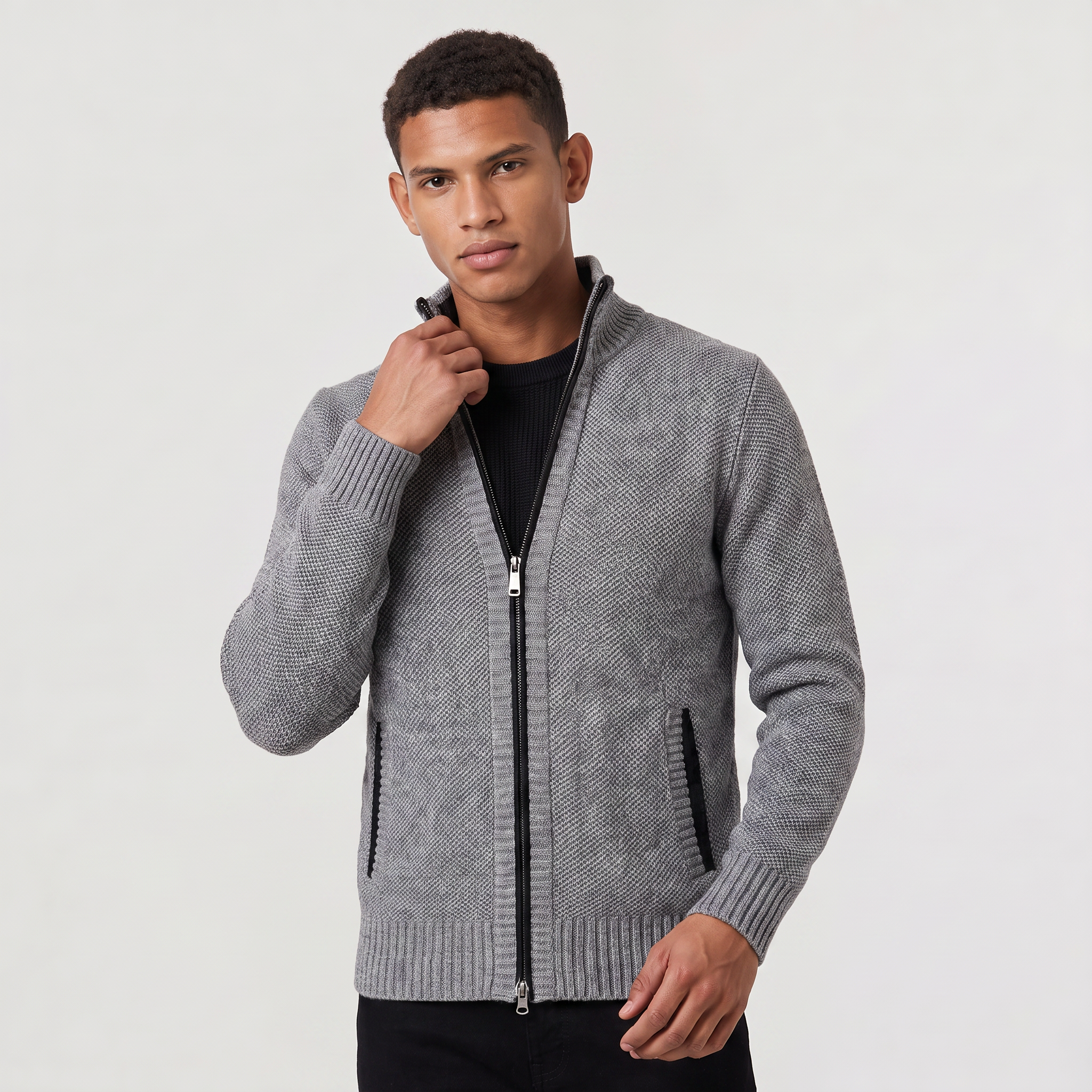 Herren Struktur-Strickjacke mit Stehkragen und Reißverschluss